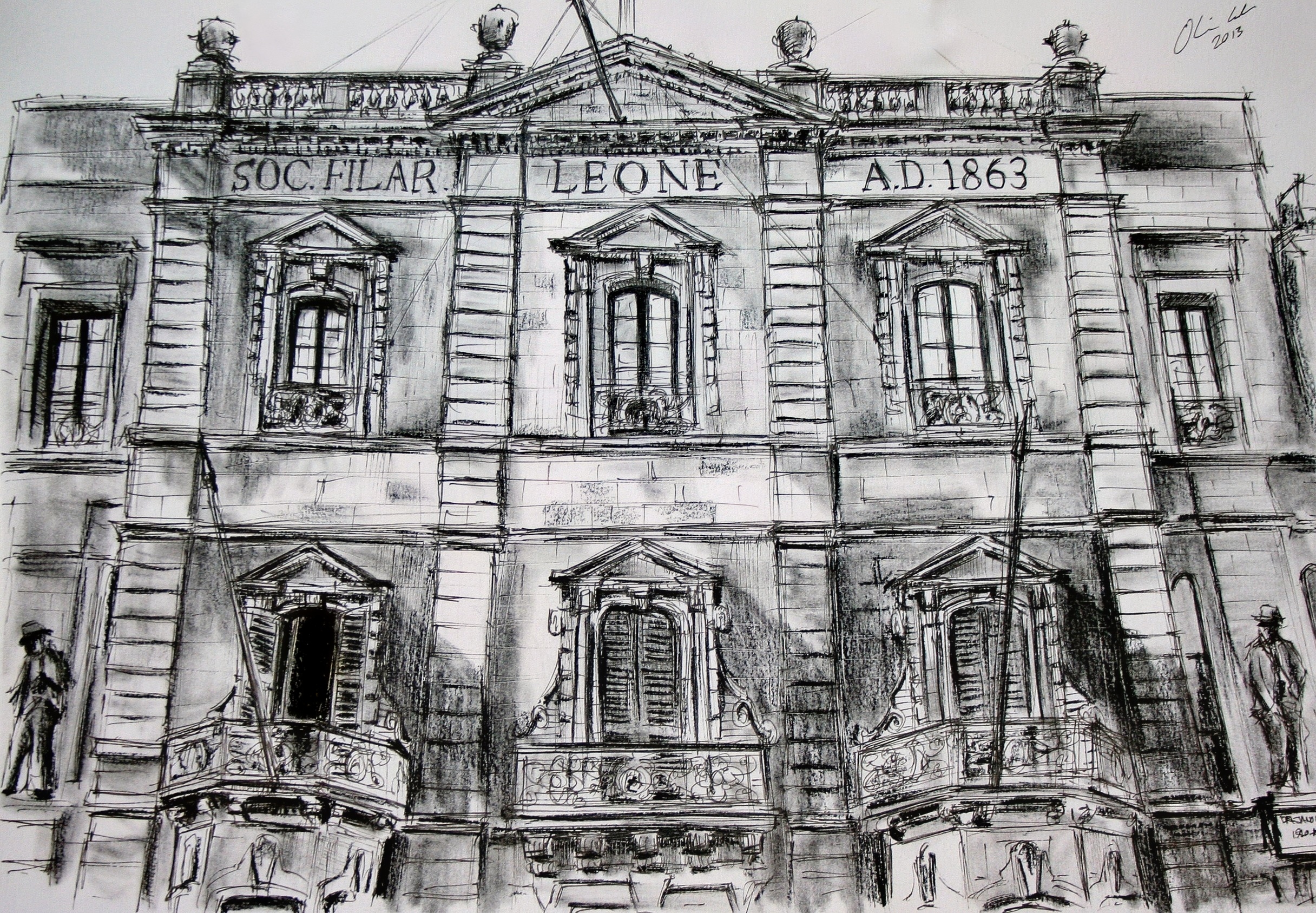 Architectural ink sketch of Soc. Filar Leone facade, 1863