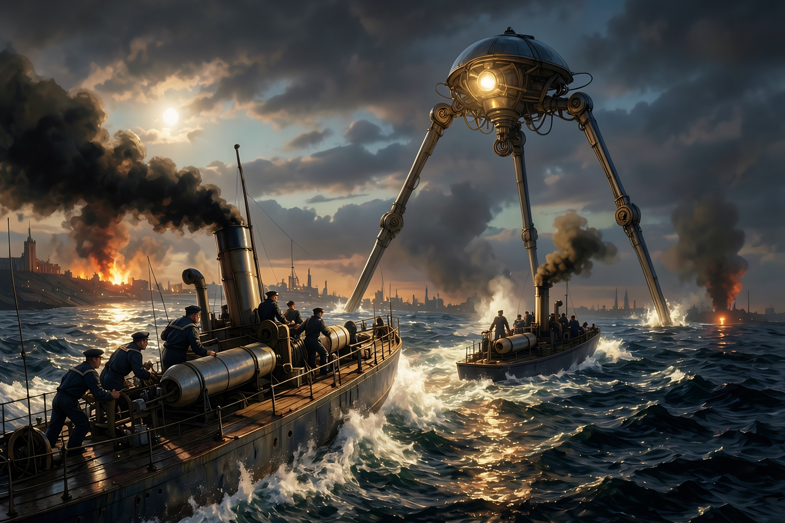 Naval illustration of small boats confronting a tripod at sunset