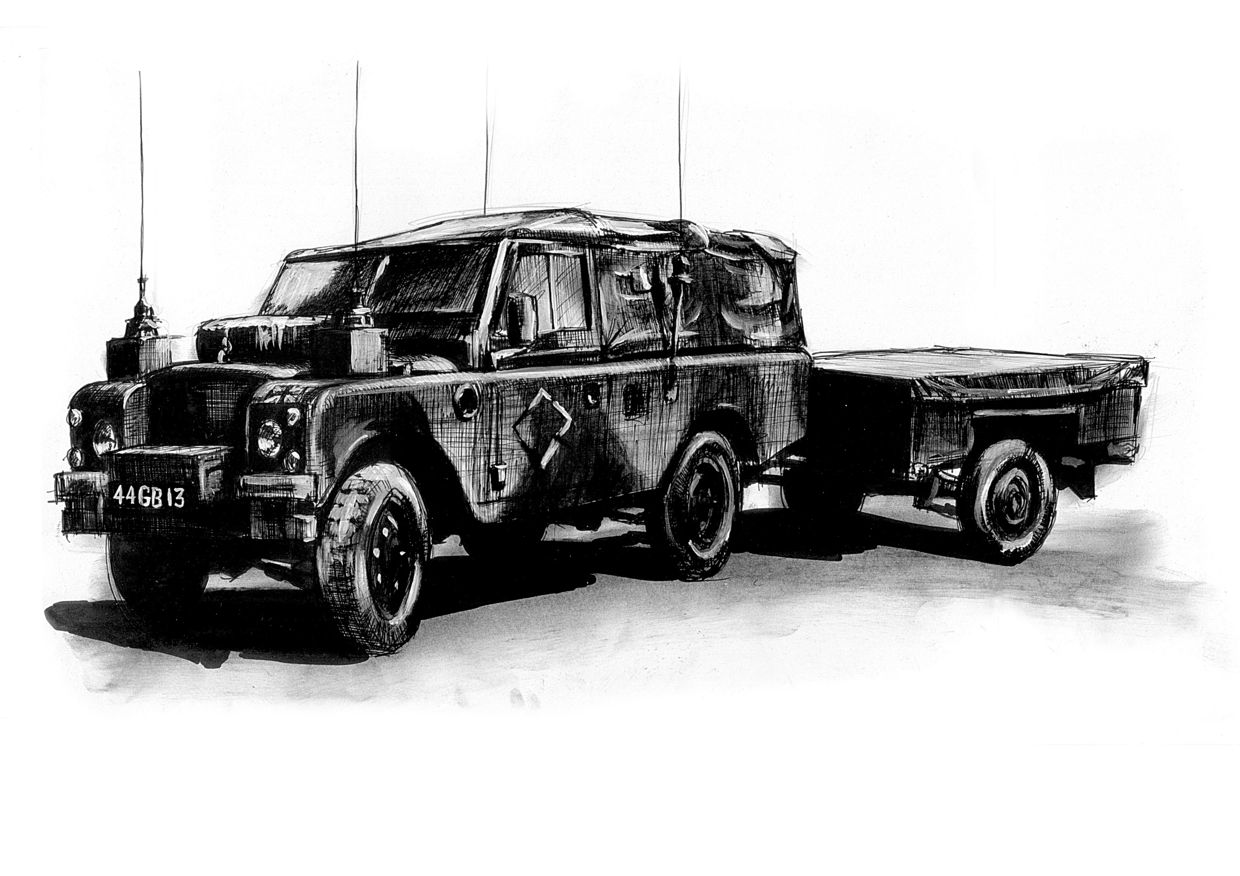 Ink sketch of a military utility vehicle with trailer