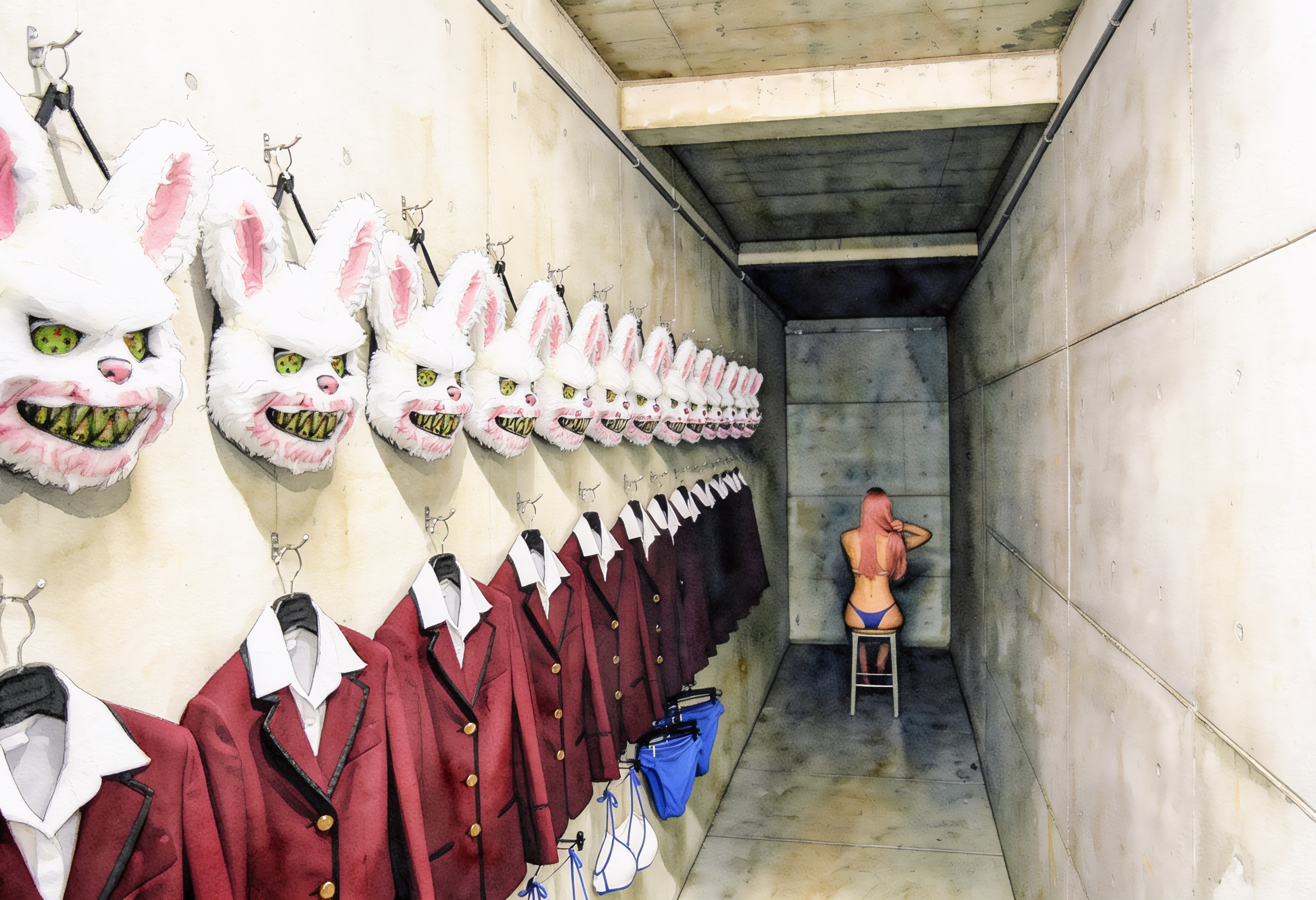 Surreal corridor lined with rabbit masks and blazers