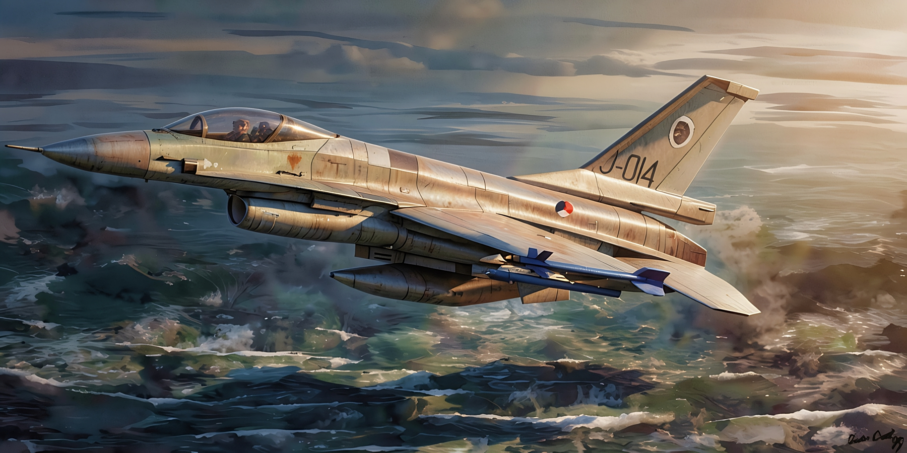 Illustration of a fighter jet banking over a turbulent dark-green ocean