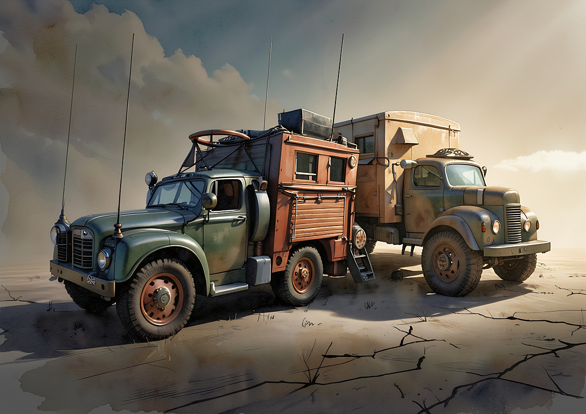 Two vintage military trucks parked on a cracked desert floor at sunset