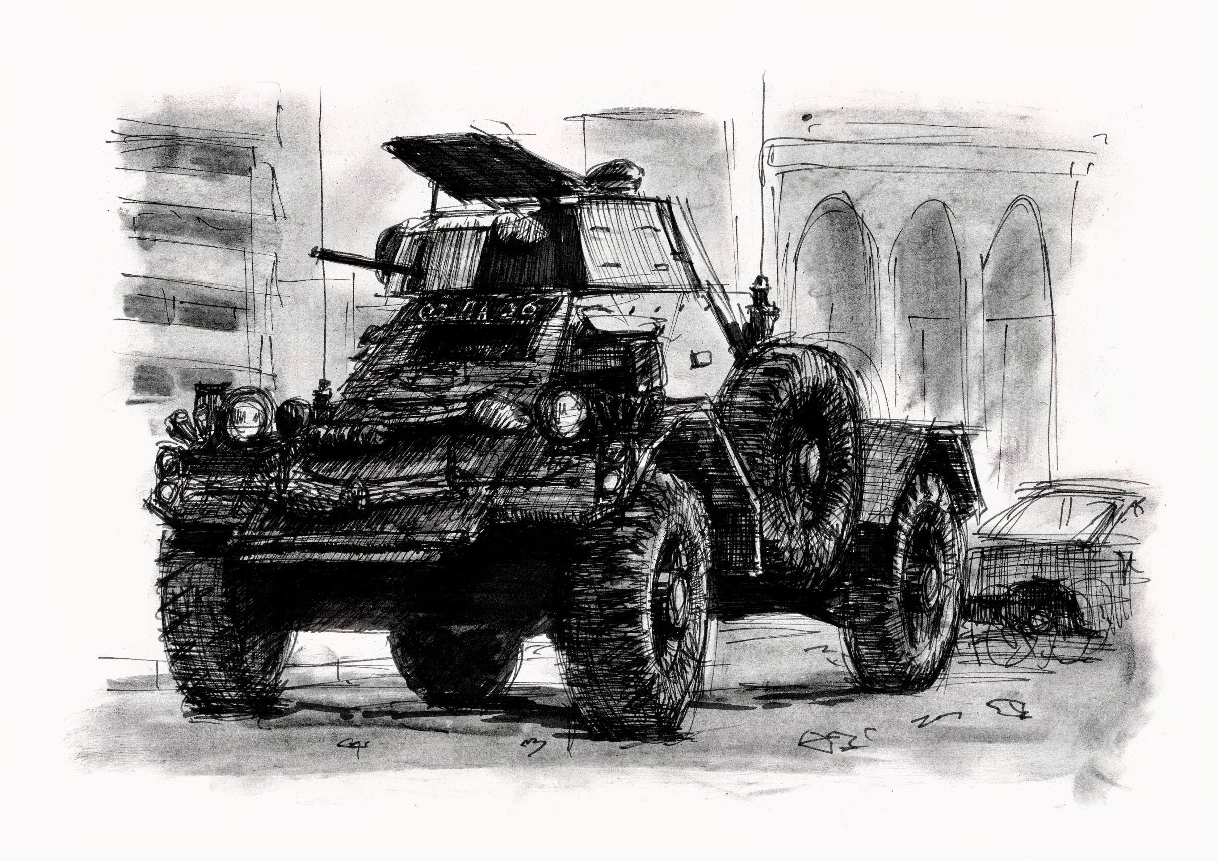 Ink sketch of a vintage armored car