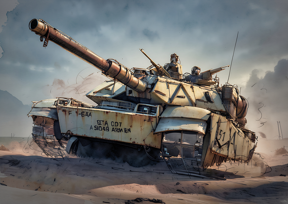 Illustration of a weathered beige military tank on barren sandy terrain