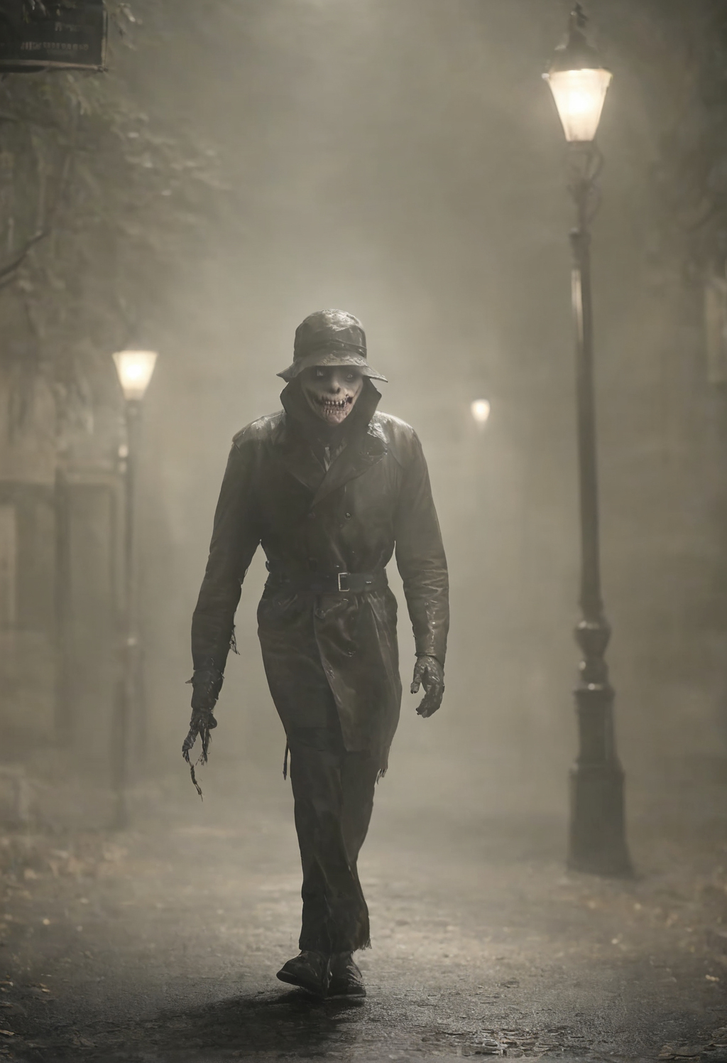 Horror scene of a skull-faced figure walking through a foggy alley