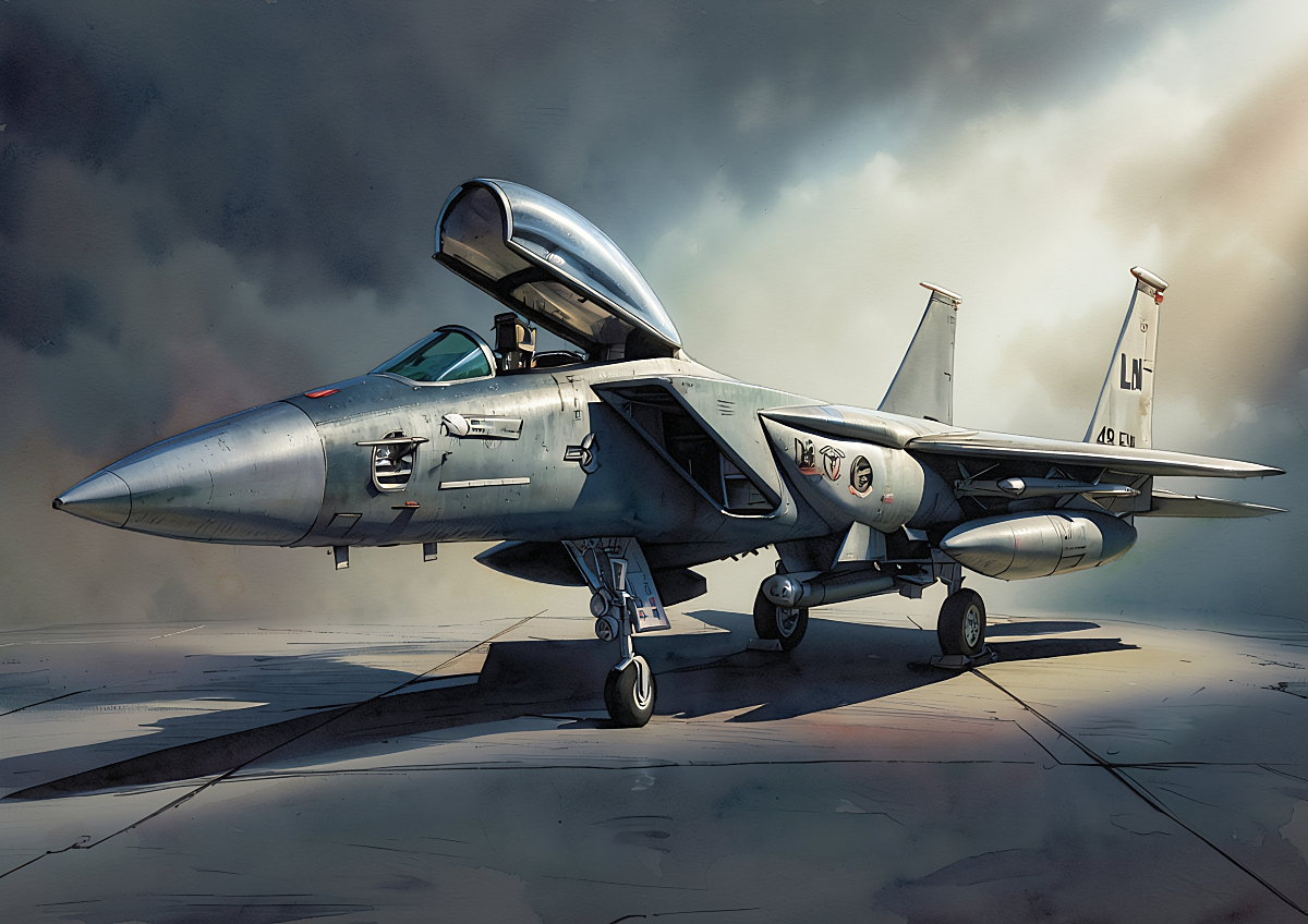 Painterly illustration of a grey fighter jet parked on a concrete tarmac