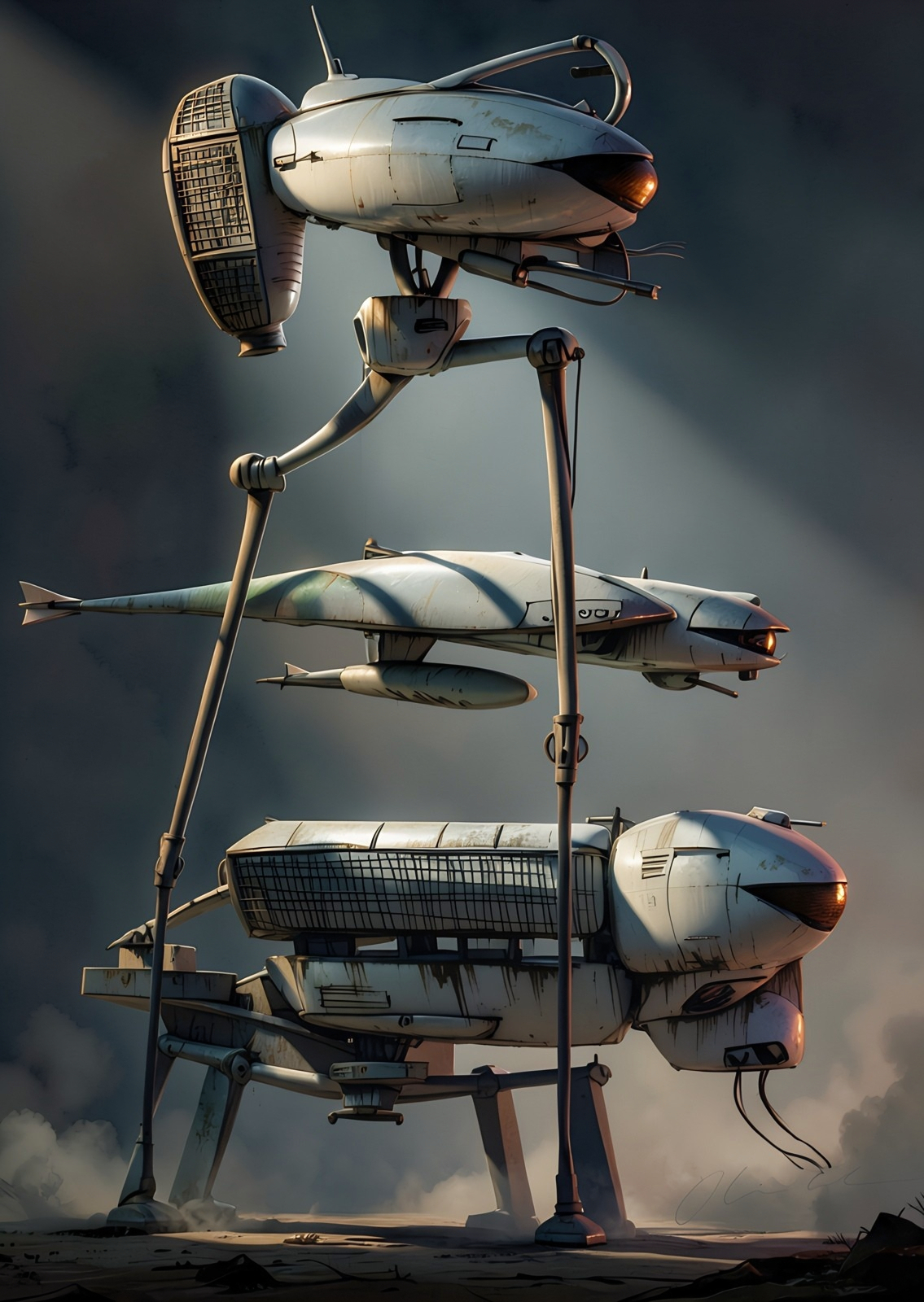 Surreal illustration of three mechanical pods on stilt-like legs under a moody sky