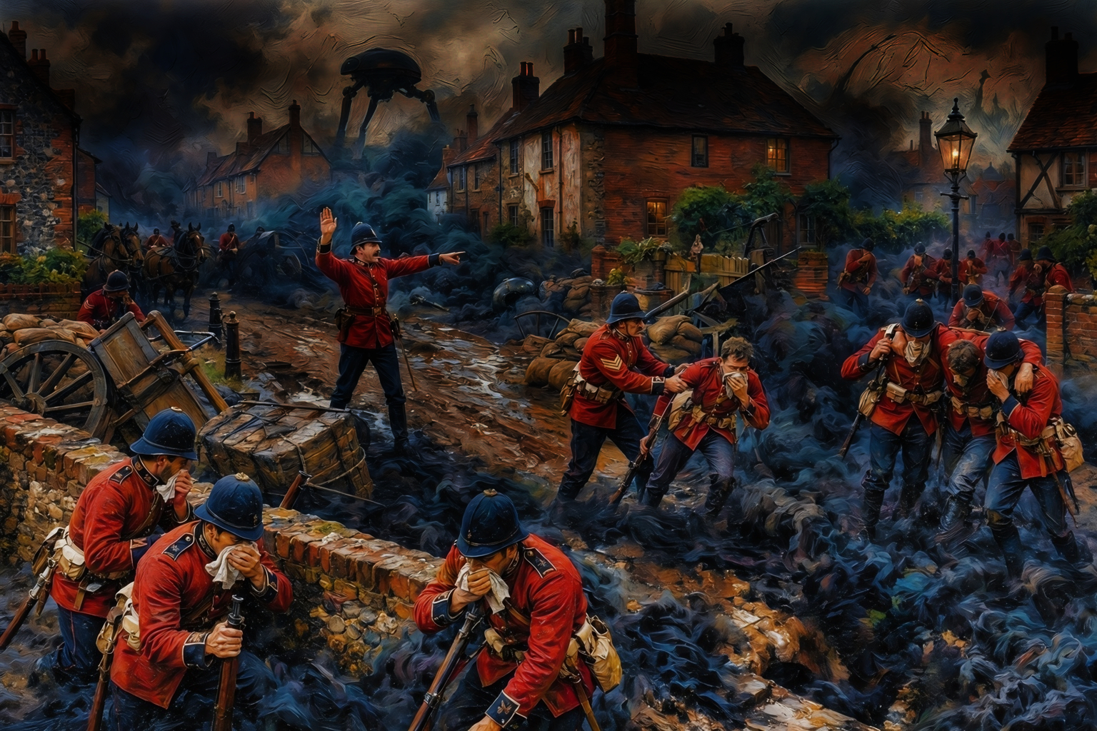 Painting of soldiers overwhelmed by smoke before a tripod war machine