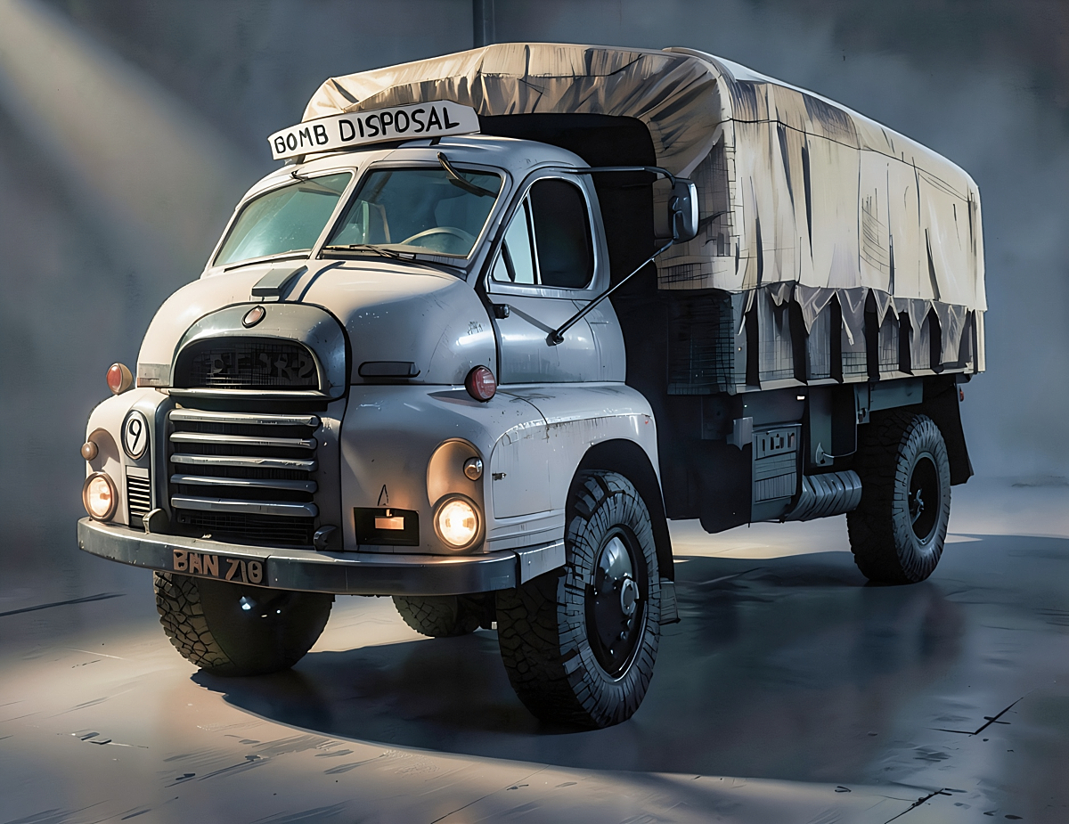 Vintage light-grey bomb disposal utility truck in a dimly lit industrial space