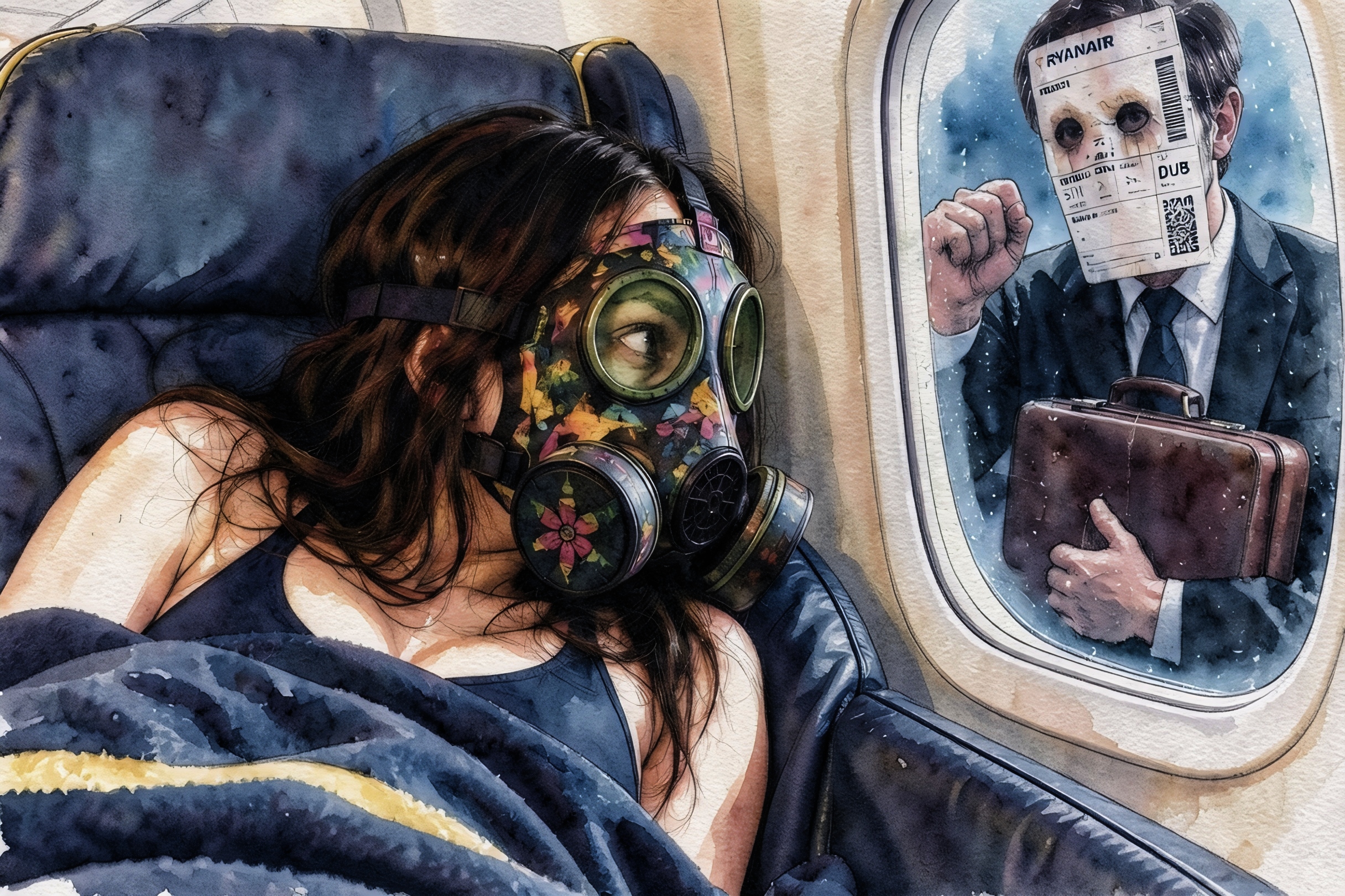 Surreal illustration of a floral gas mask on a plane with a figure outside