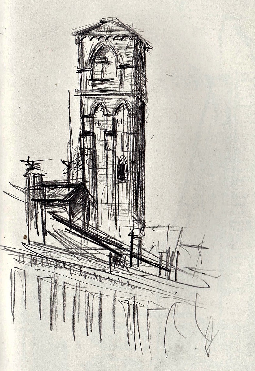 Ink sketch of a gothic bell tower