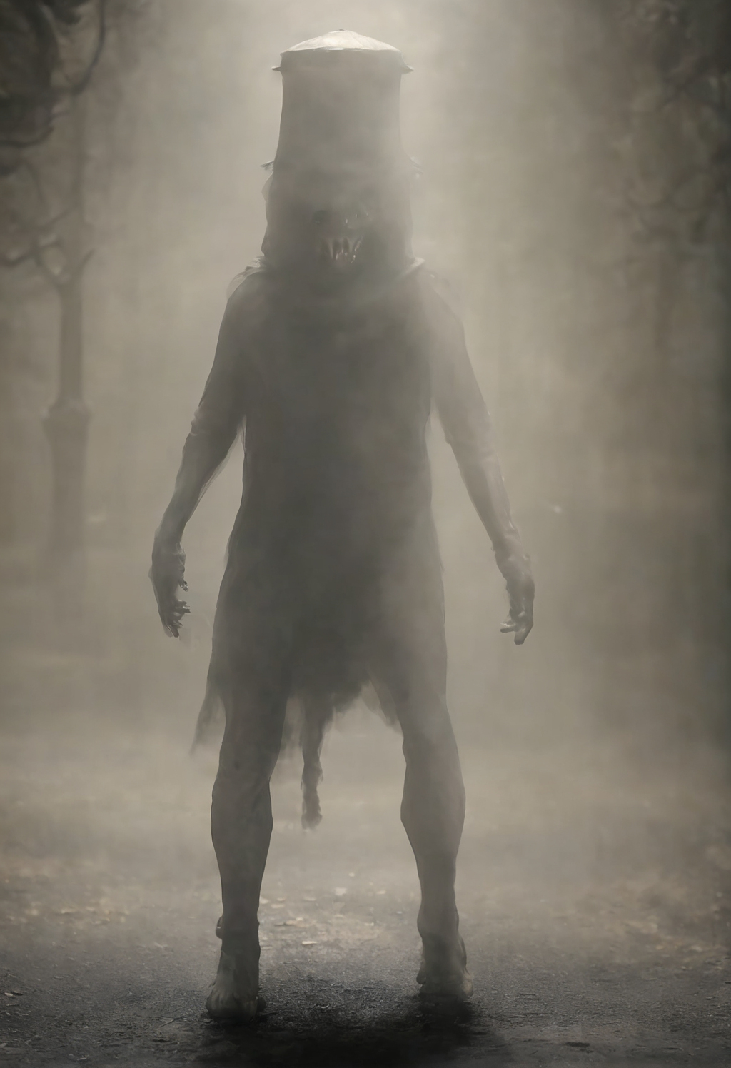 Atmospheric painting of a shadowy humanoid creature in a misty forest