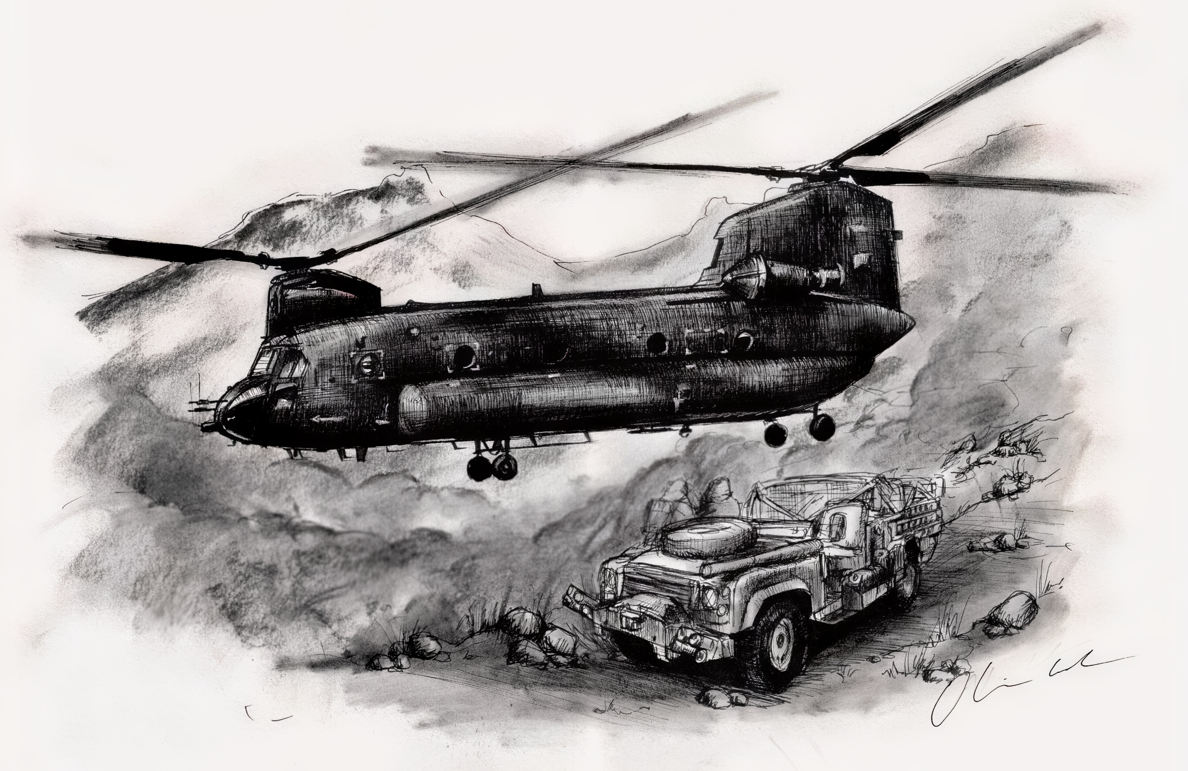 Ink sketch of a Chinook helicopter and military vehicle