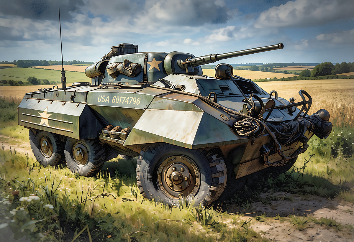 Painterly illustration of an olive-green military scout car on a rural dirt path