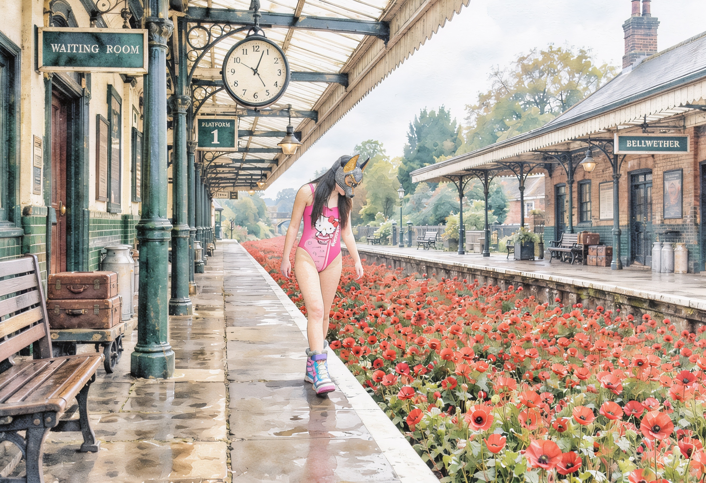 Surreal illustration of a masked figure on a poppy-filled railway platform