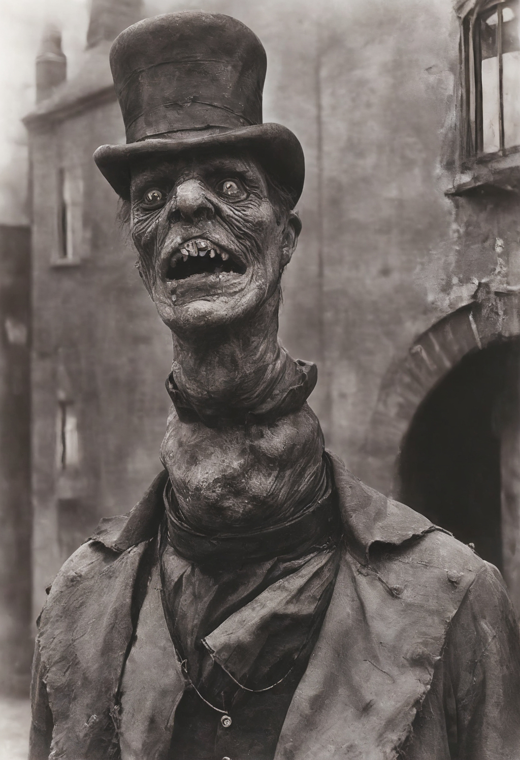 Monochrome illustration of a gaunt figure in a top hat