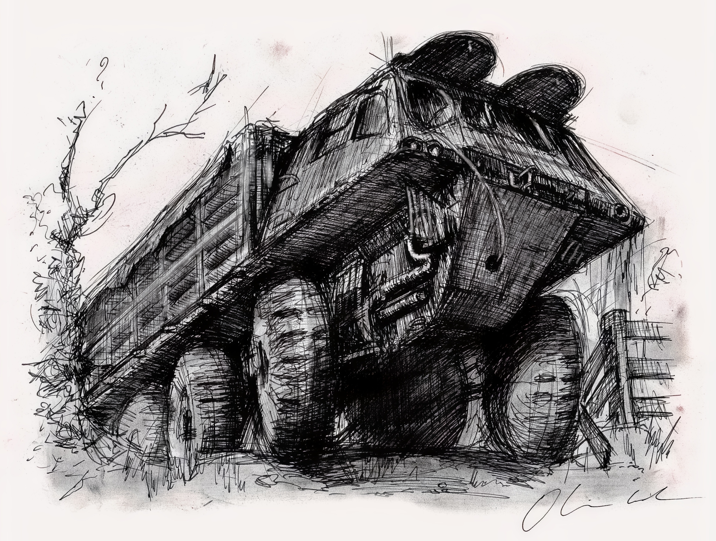 Ink sketch of a heavy-duty military vehicle