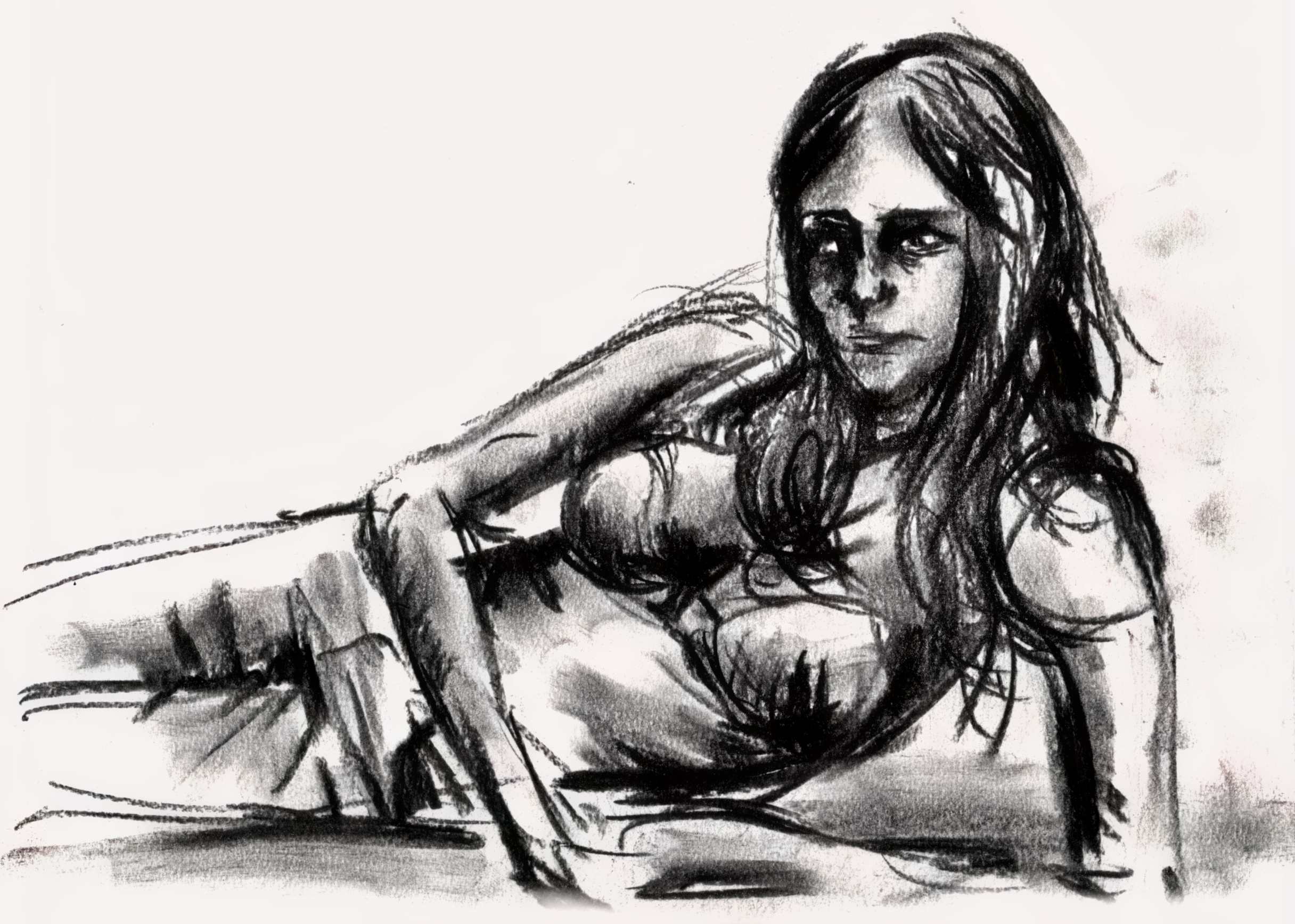 Charcoal sketch of a reclining woman
