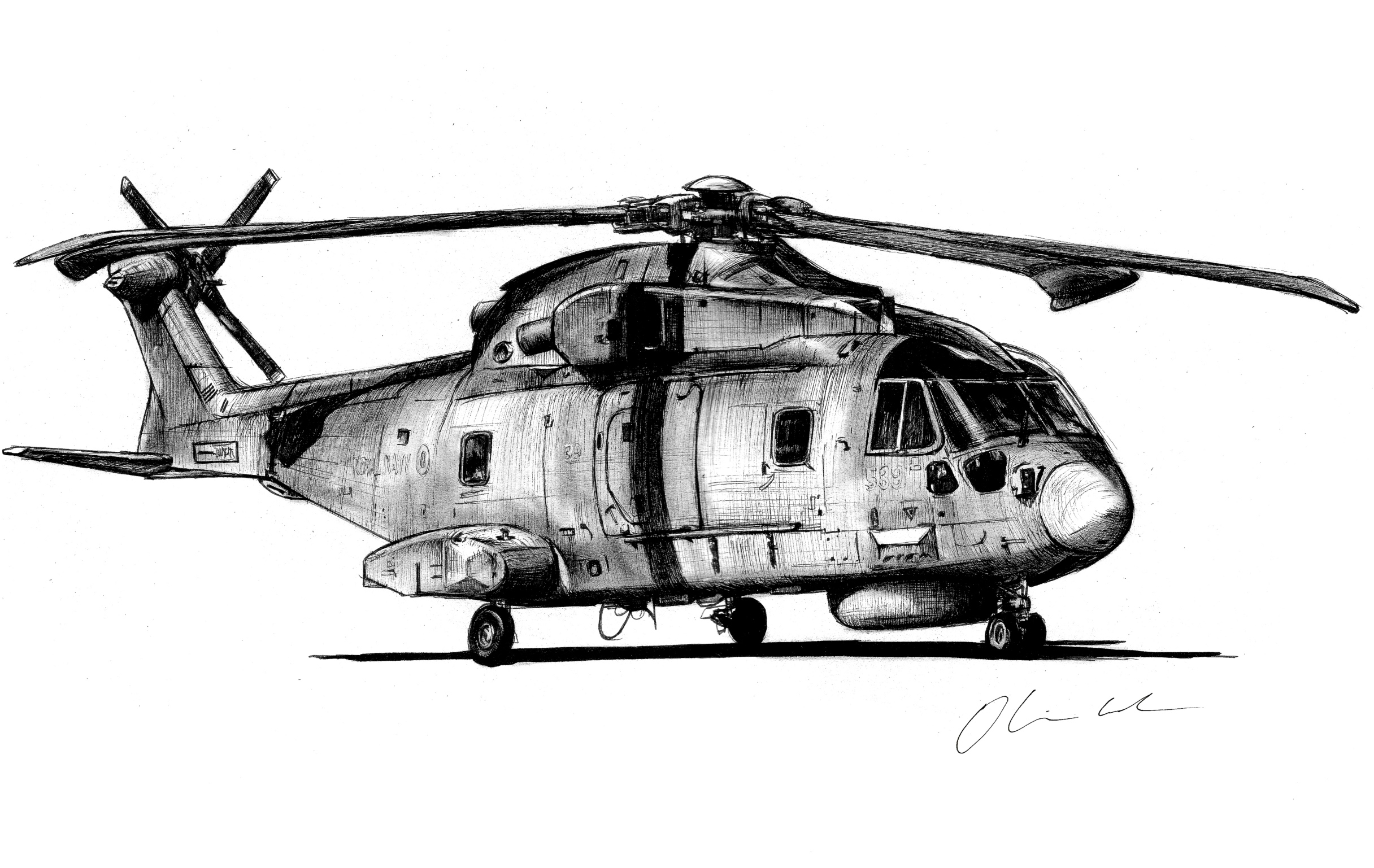 Ink sketch of a Royal Navy helicopter