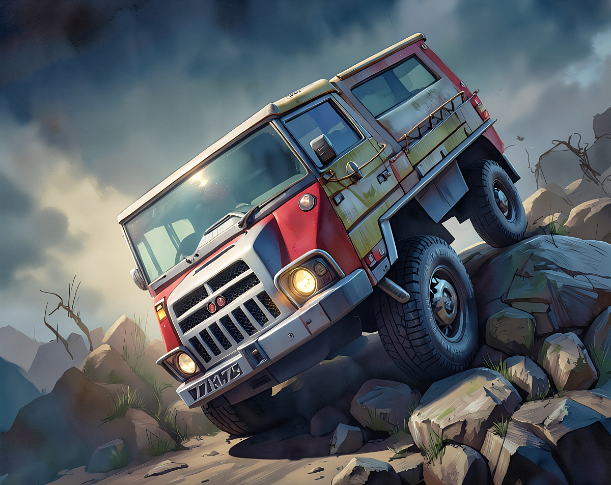 Painterly illustration of a red and tan off-road truck climbing a rocky outcrop under a stormy sky