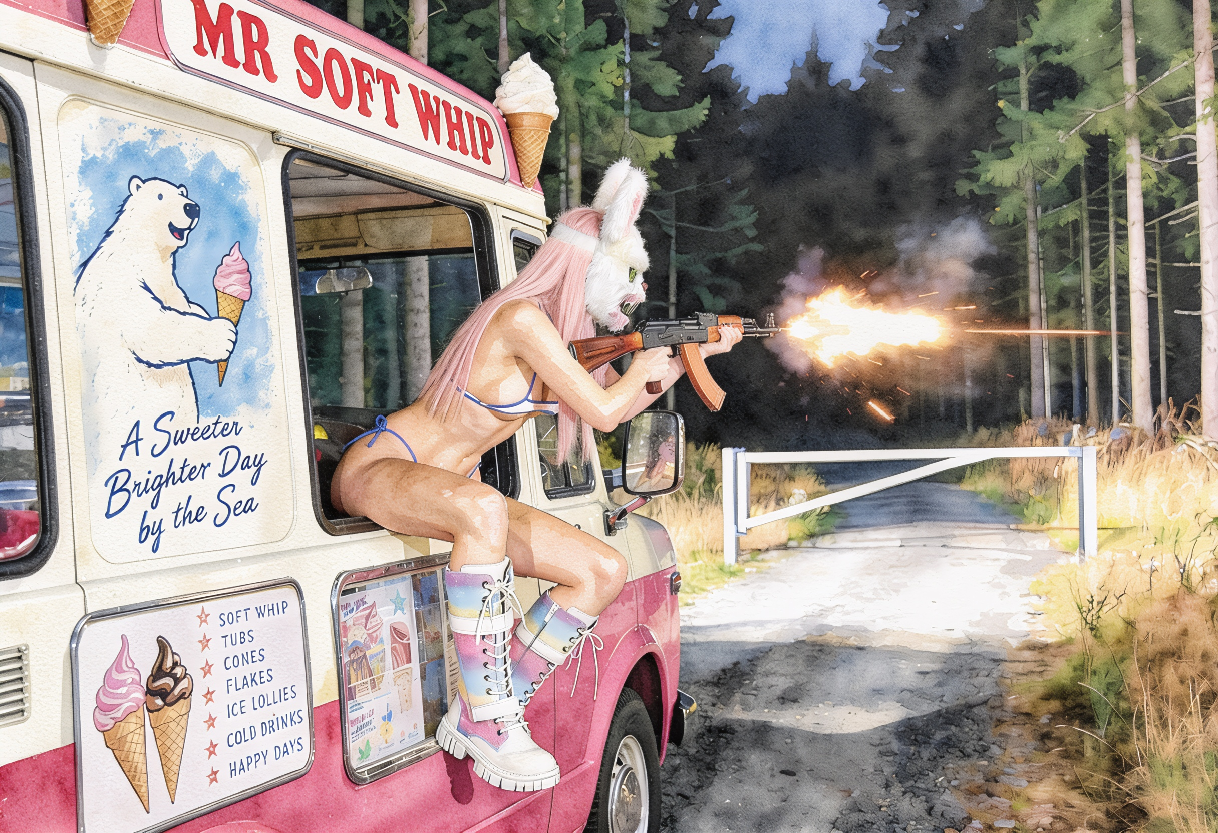 Watercolor illustration of a masked figure firing from an ice cream van