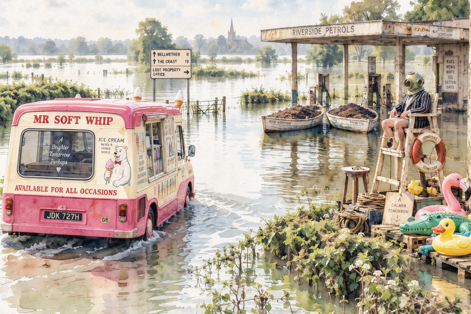 Watercolor illustration of a flooded landscape with an ice cream van and lifeguard
