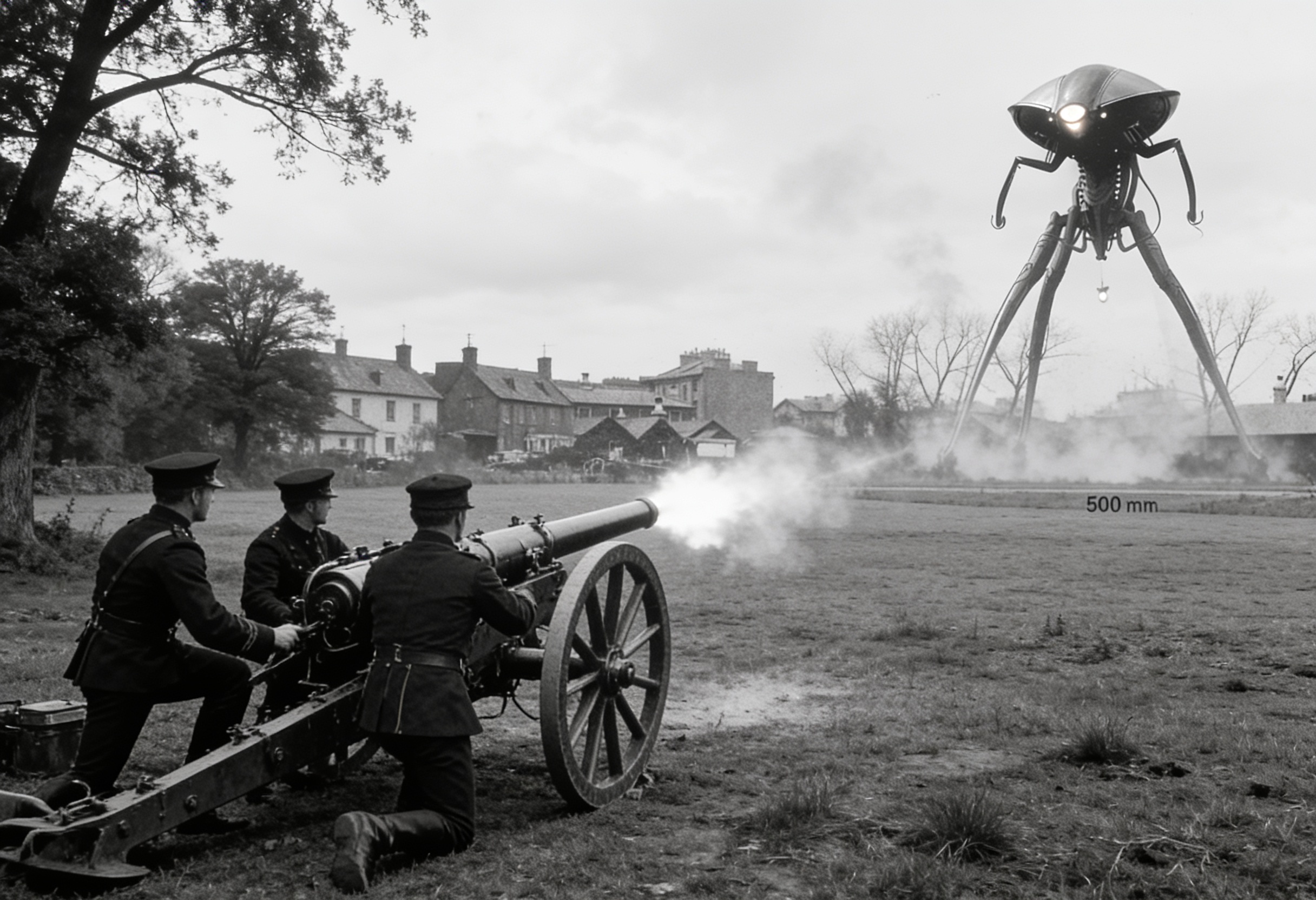 Soldiers firing a cannon at an alien tripod in a field