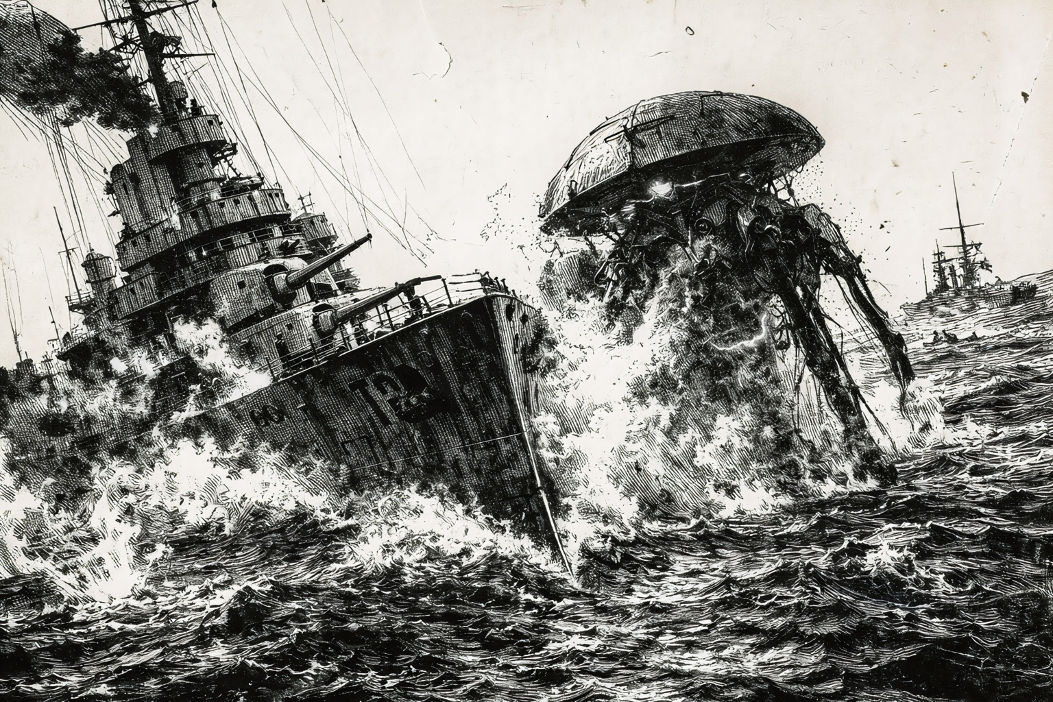 Ink illustration of a warship confronting an alien tripod at sea