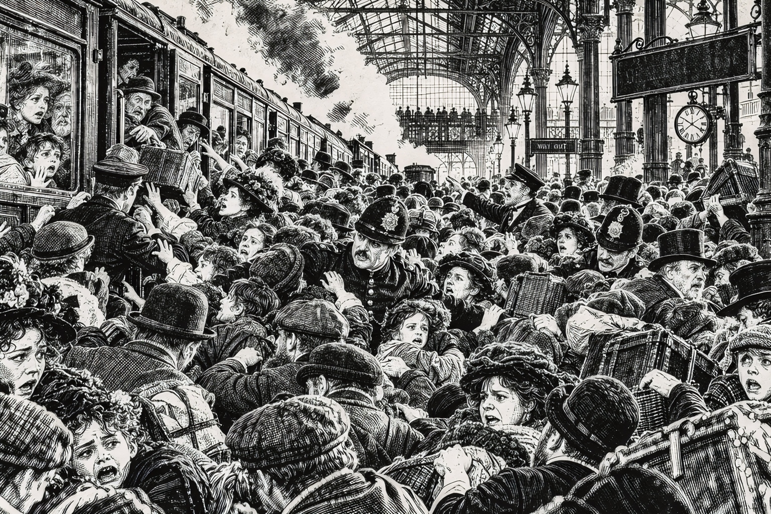 Ink illustration of a panicked crowd in a Victorian railway station