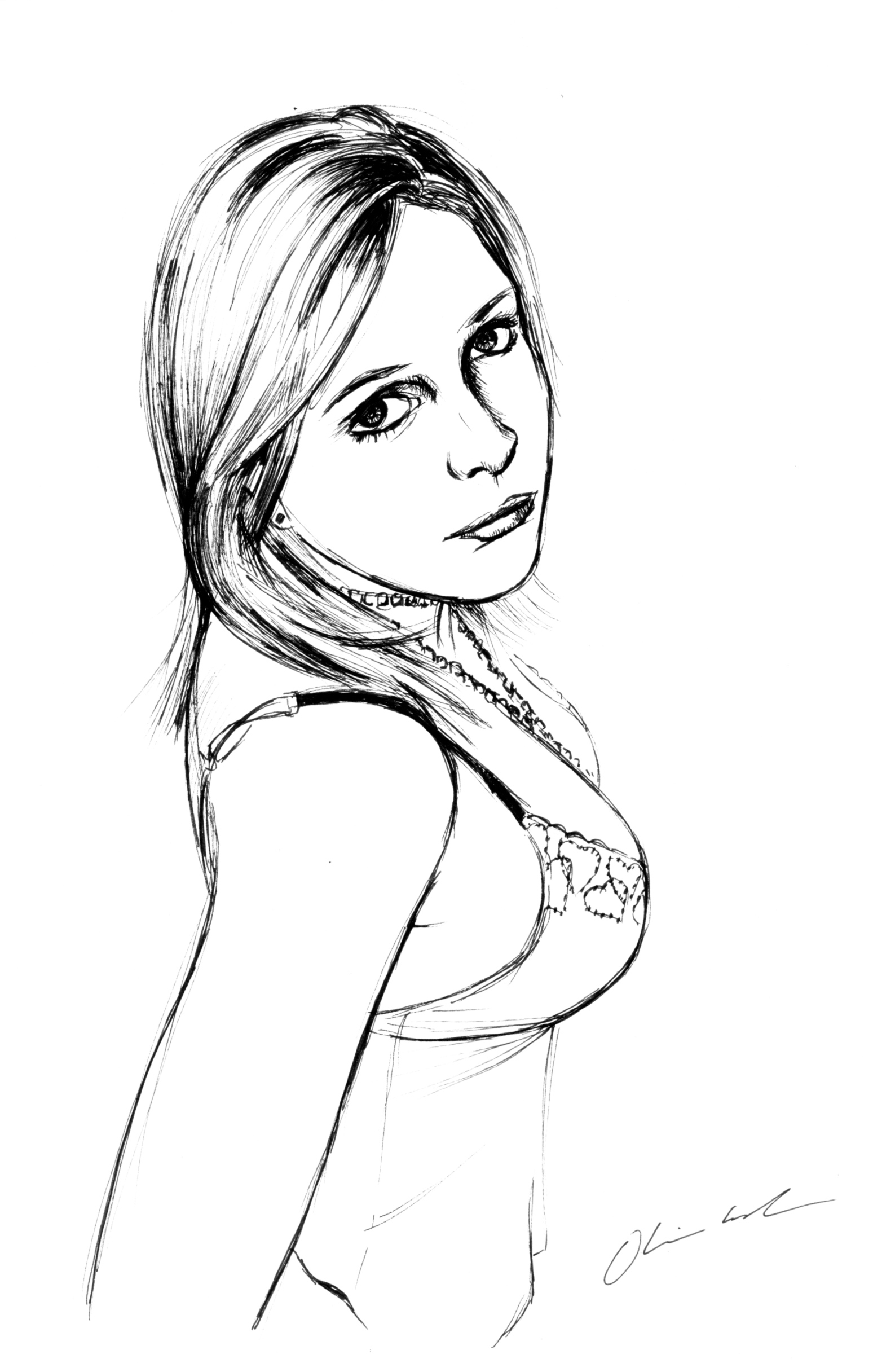 Ink sketch of a woman from behind, torso turned toward viewer