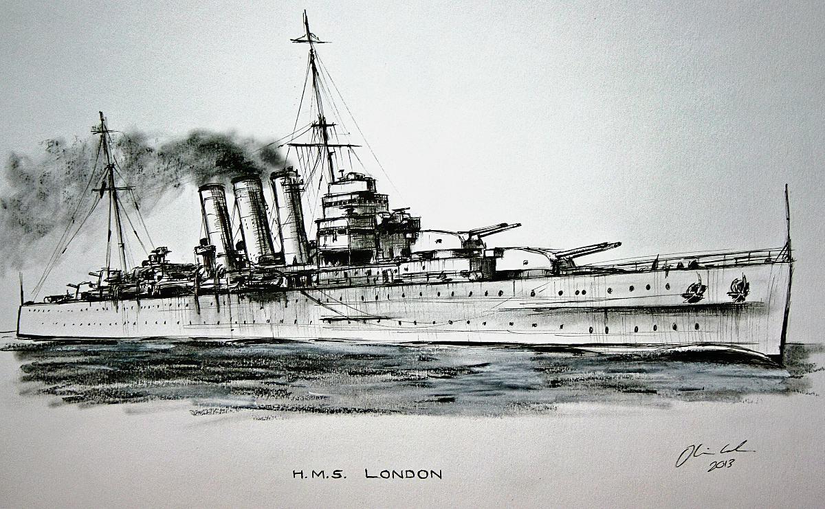 Ink sketch of H.M.S. London naval warship