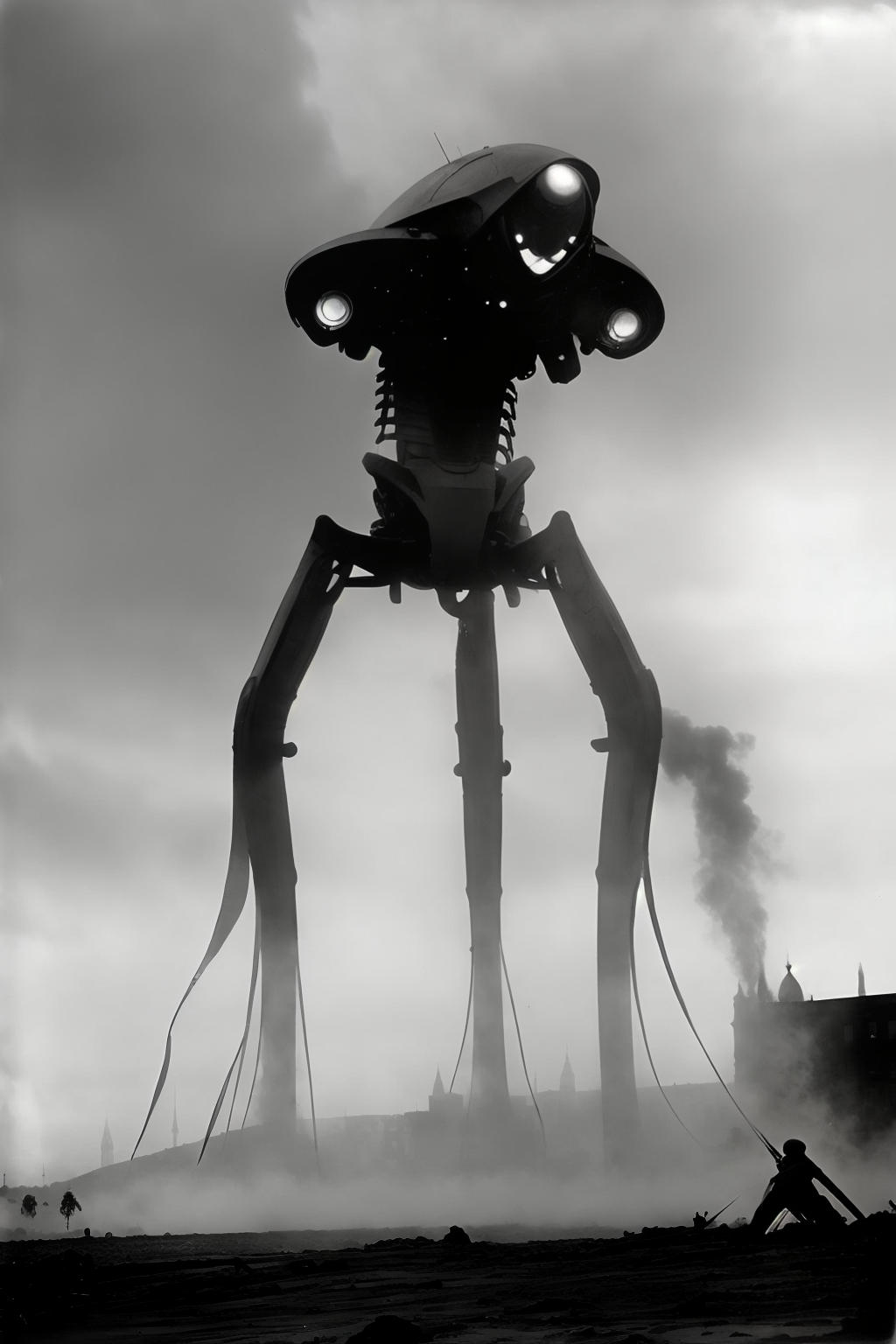 Monochrome illustration of a towering alien tripod over a misty landscape
