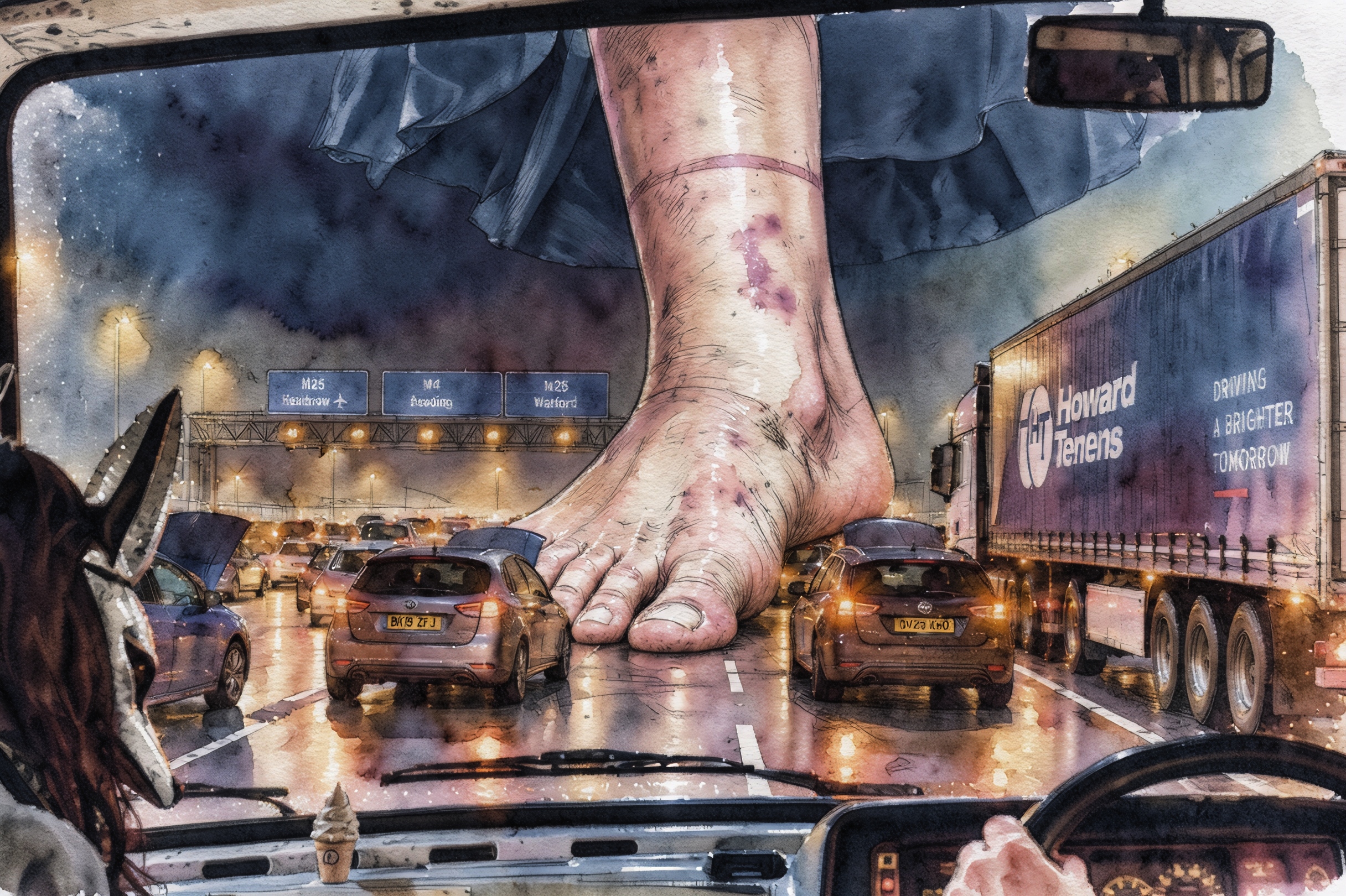 Surreal digital painting of a giant foot on a motorway traffic jam