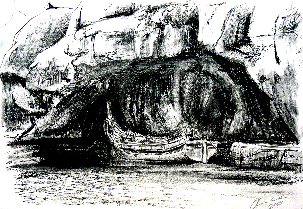 Ink sketch of a boat moored at a cave entrance