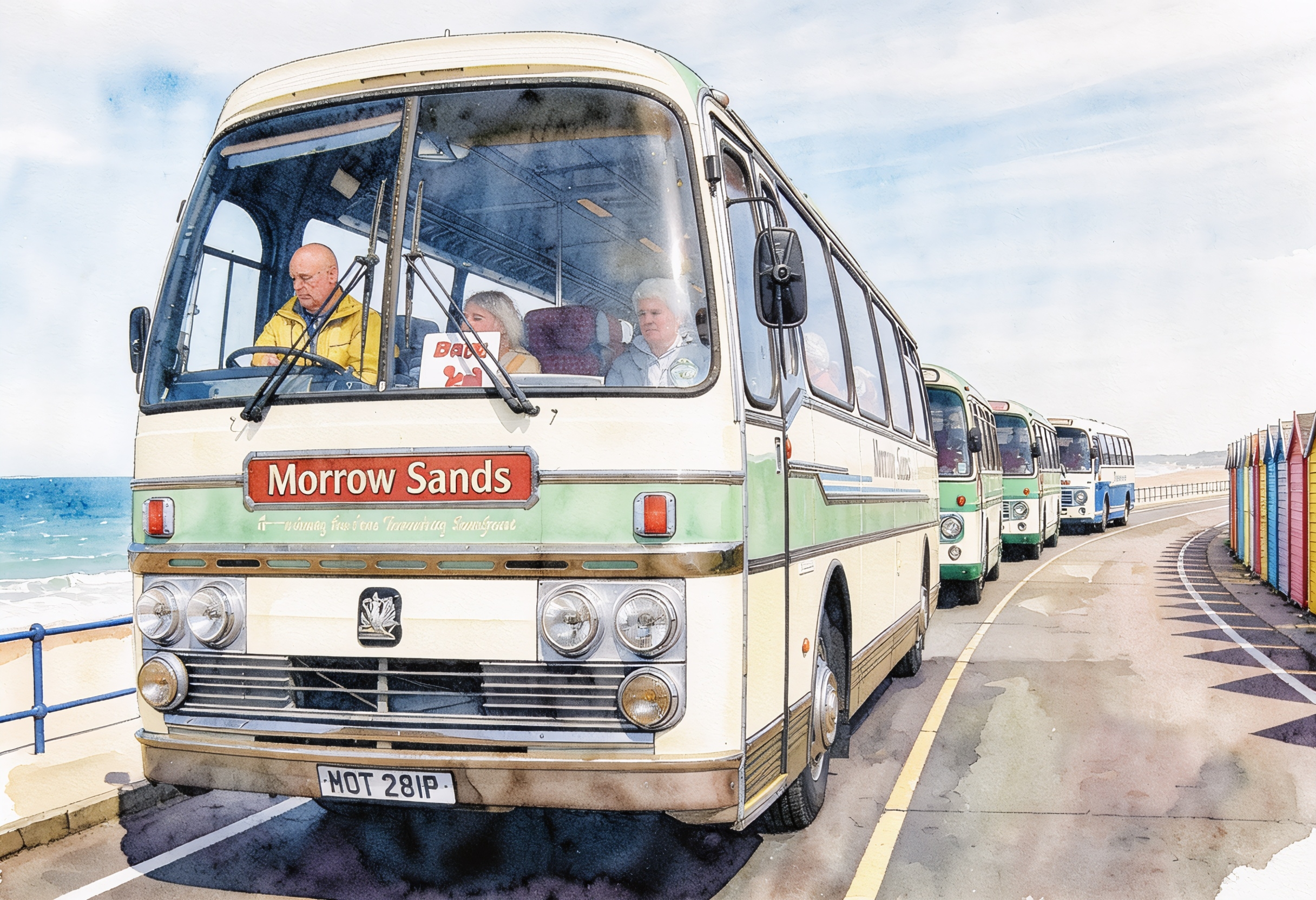 Watercolor illustration of vintage buses on a seaside road