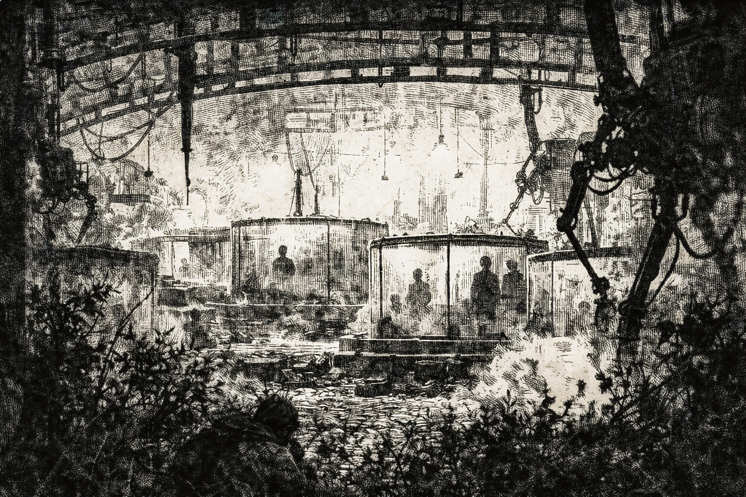 Ink illustration of humanoid figures in containment tanks
