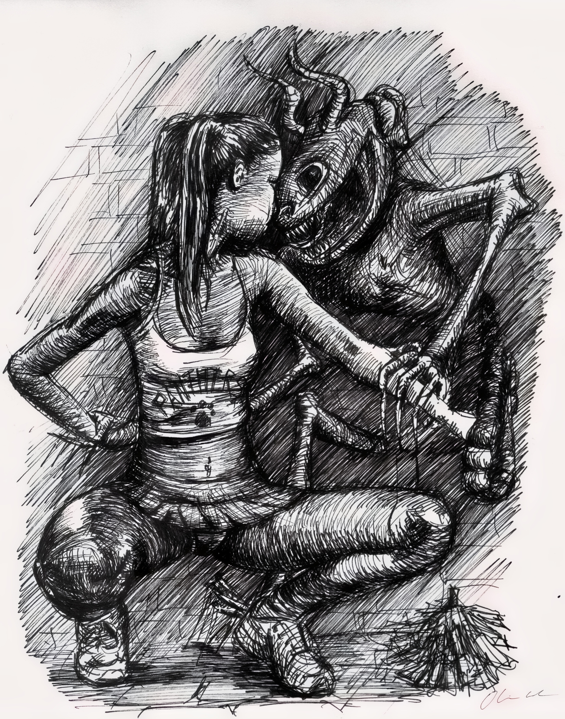 Ink sketch of a woman facing a horned creature