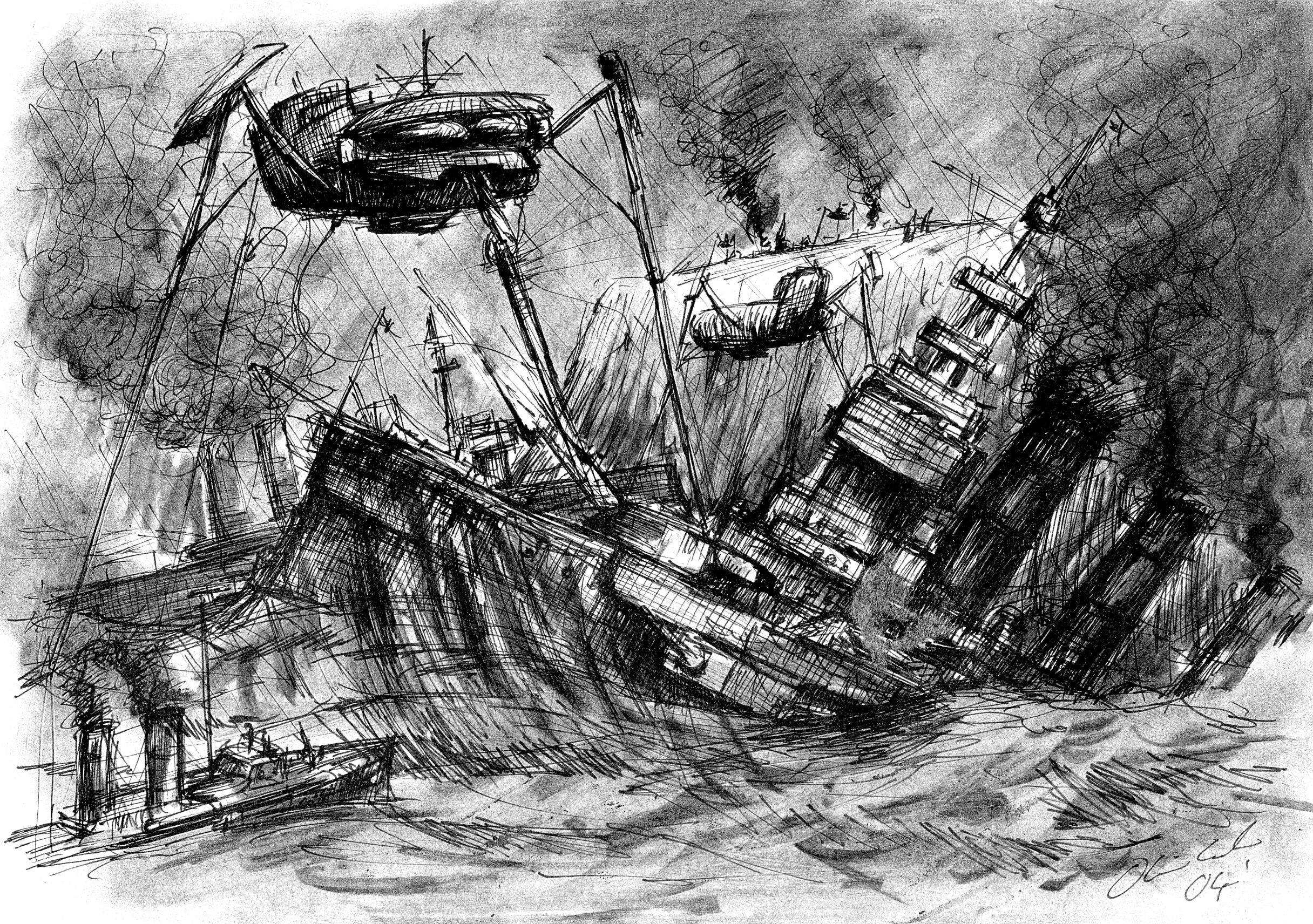 Ink sketch of a tripod war machine over a sinking ship