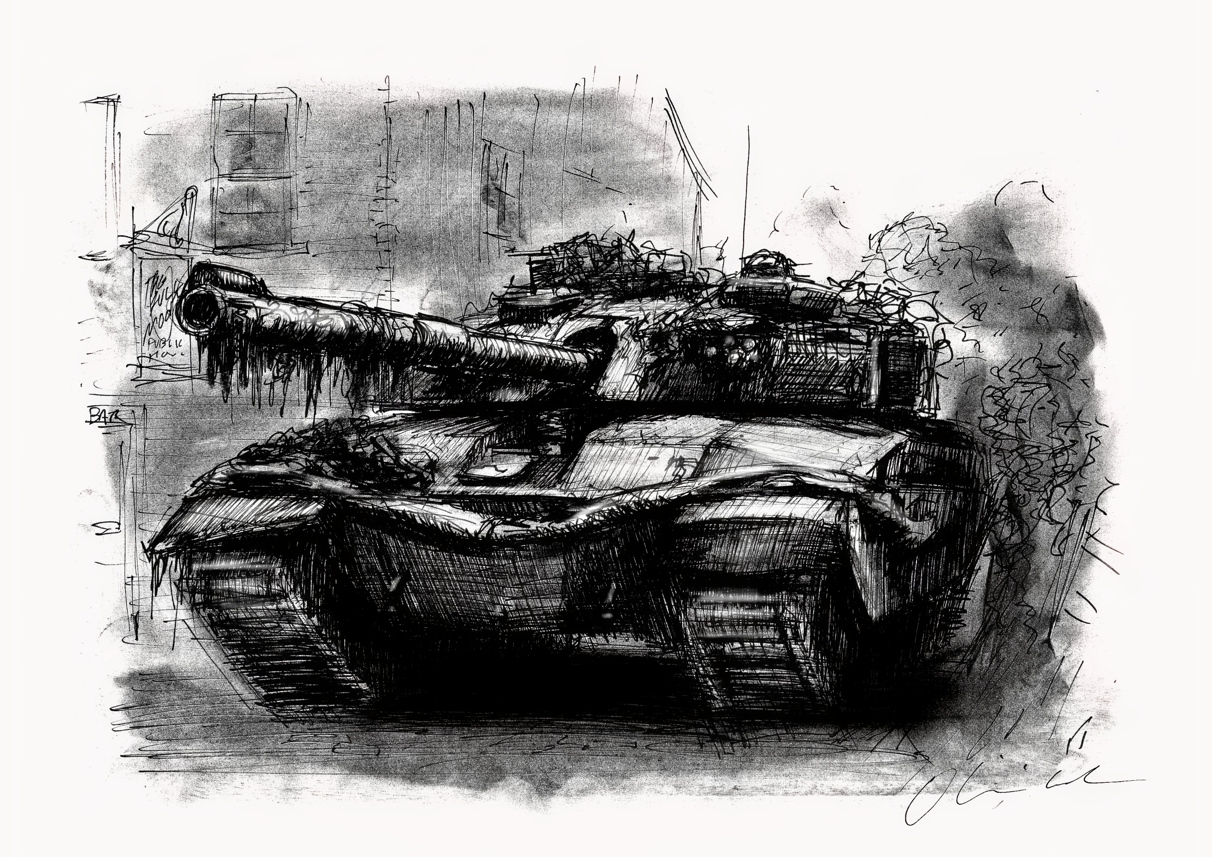 Ink sketch of a military tank with camouflage netting