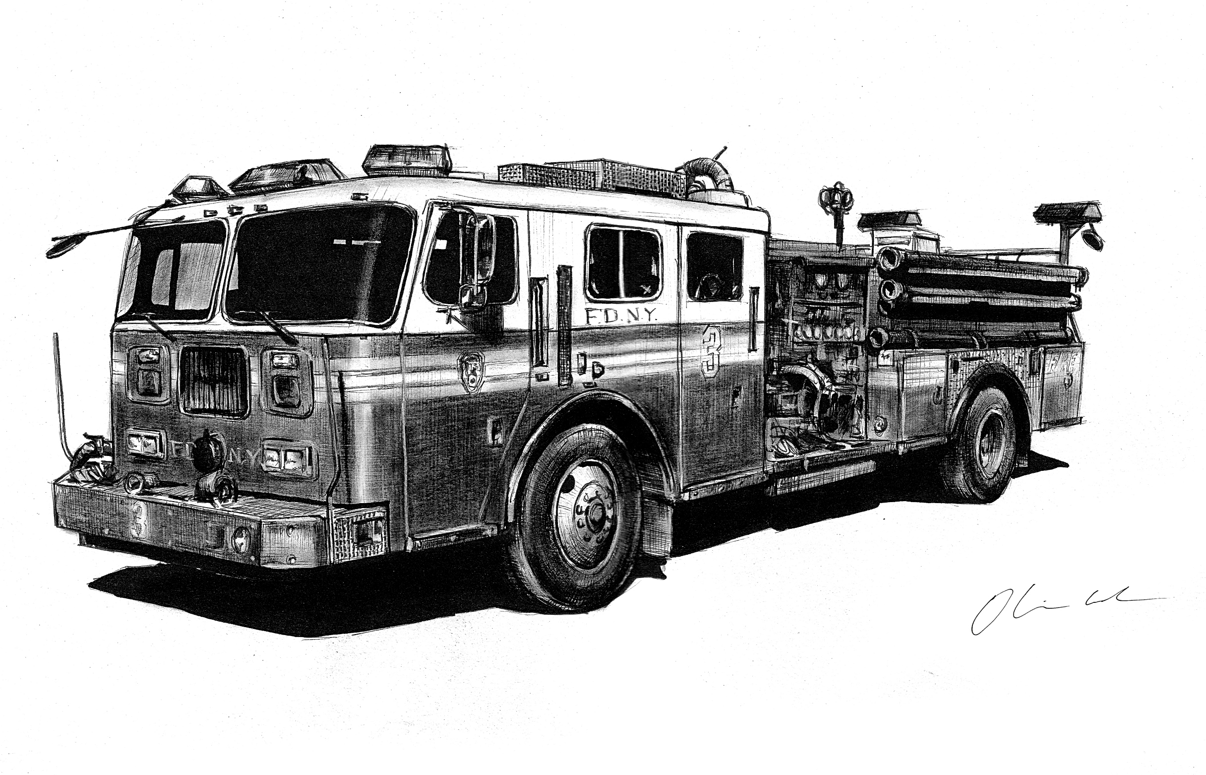 Ink sketch of an FDNY fire engine