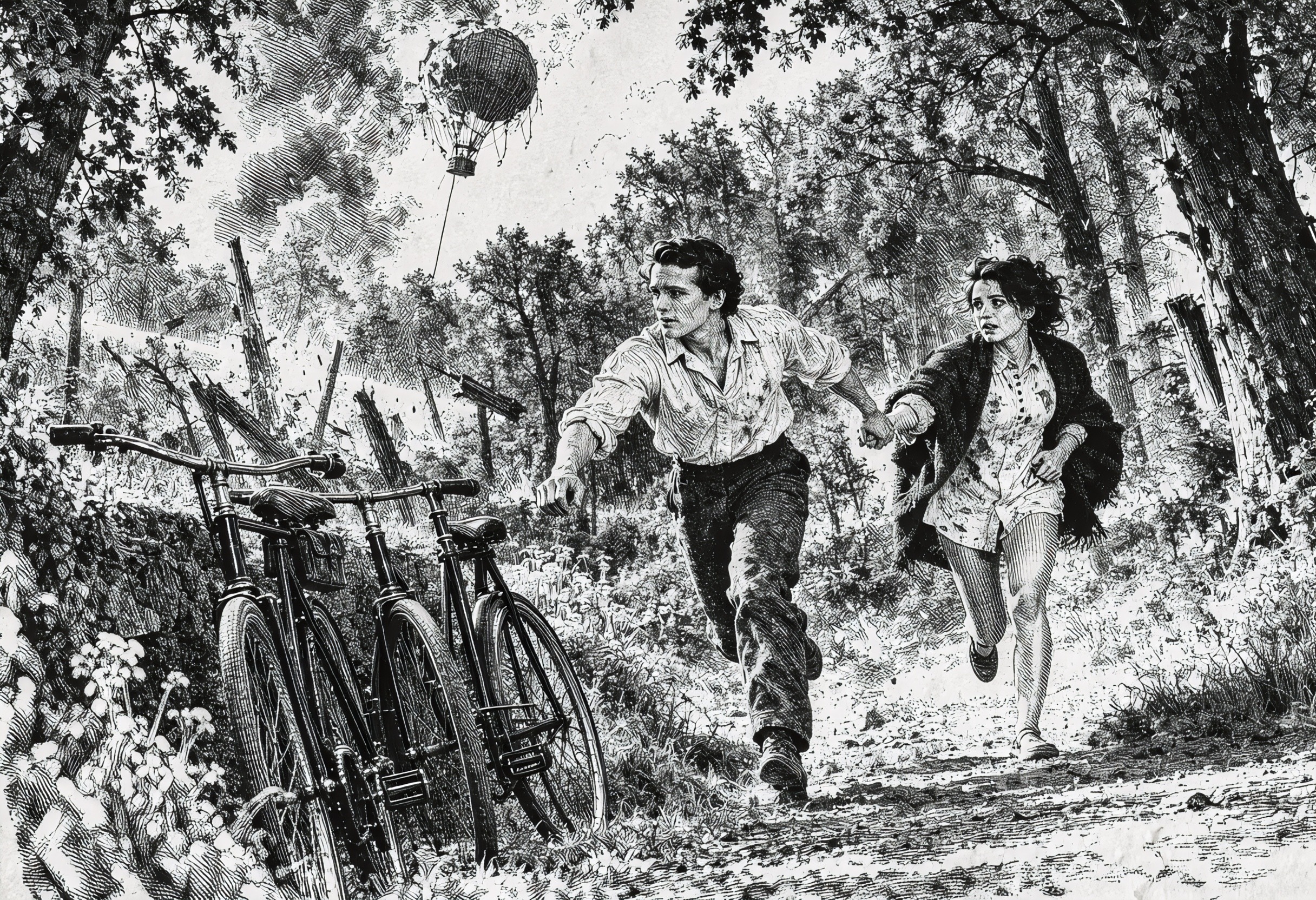 Ink illustration of a couple fleeing through woods with a hot air balloon overhead