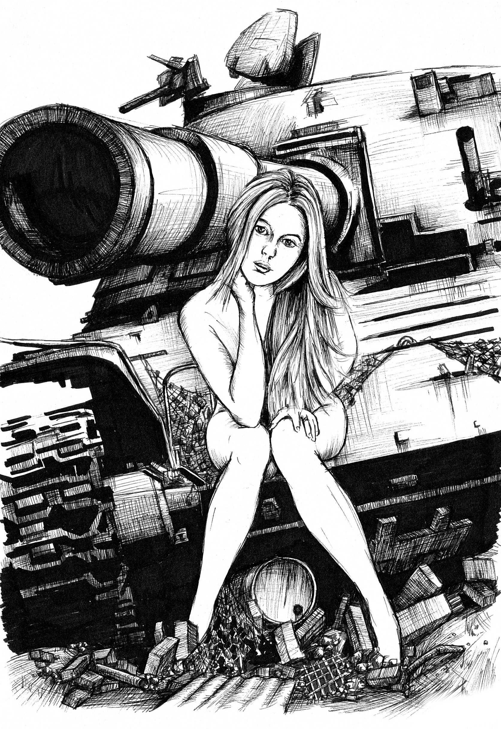Ink sketch of a woman sitting atop a tank