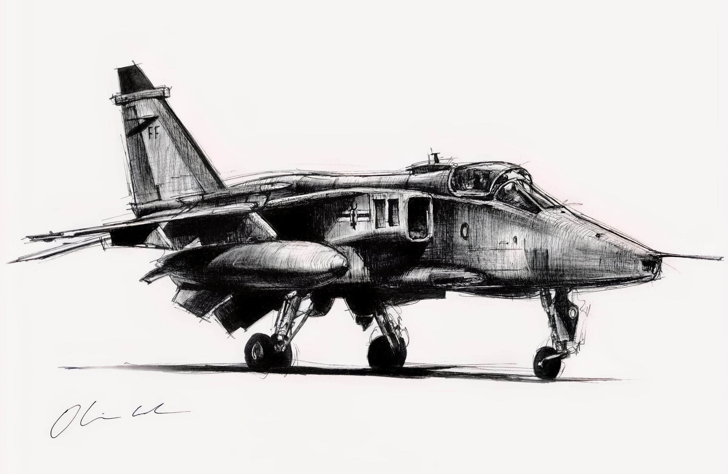 Ink sketch of a military jet on the ground