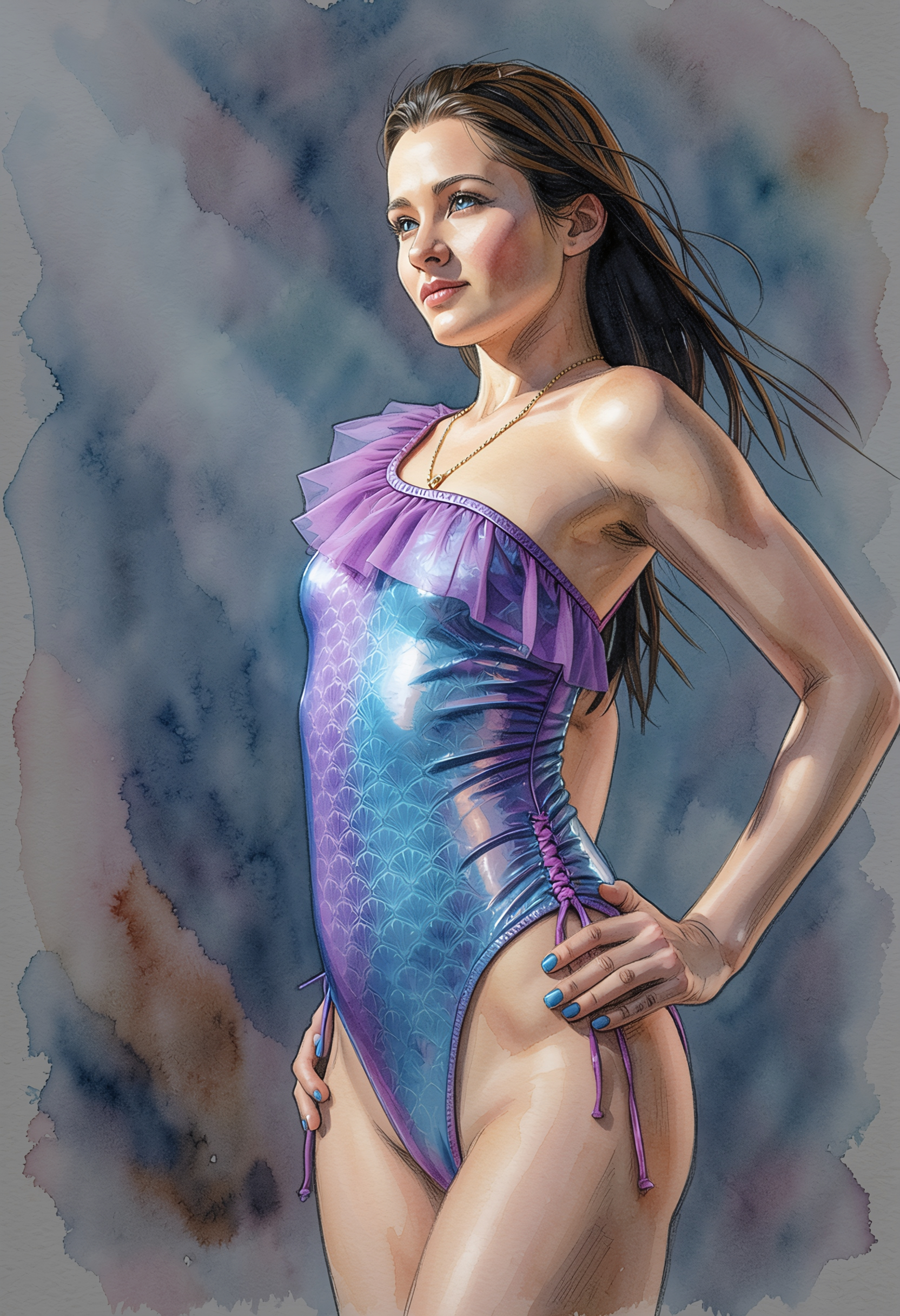 Ink and watercolor illustration of a woman in an iridescent mermaid-scale swimsuit against a moody wash