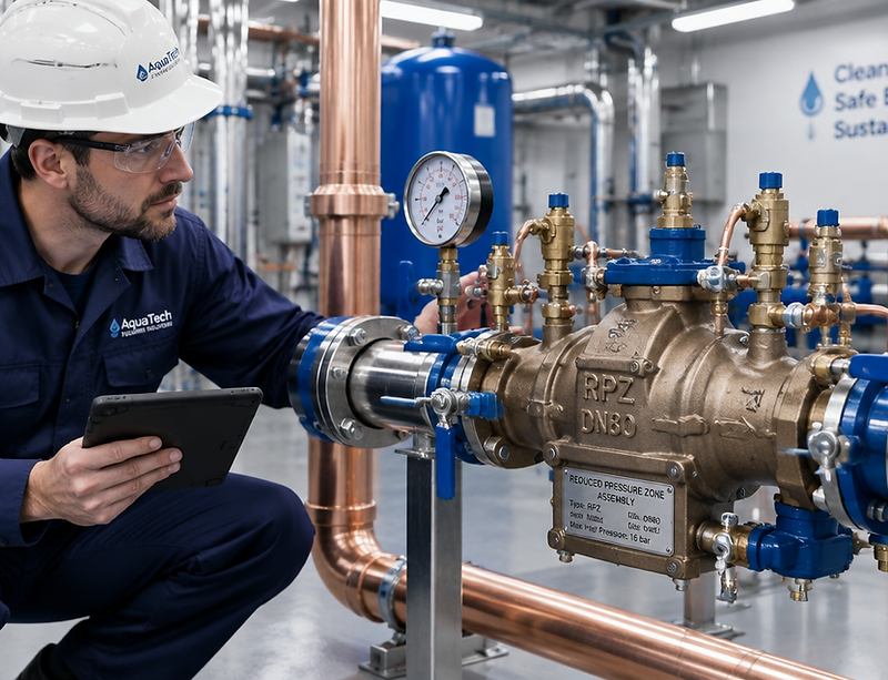 Engineer inspecting an RPZ valve assembly in a commercial plant room