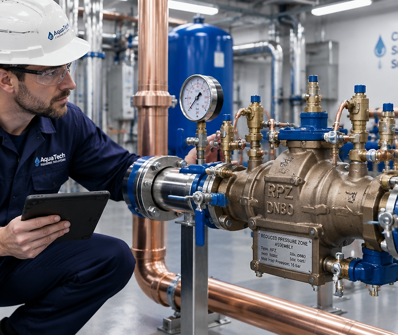Engineer inspecting an RPZ valve assembly in a commercial plant room