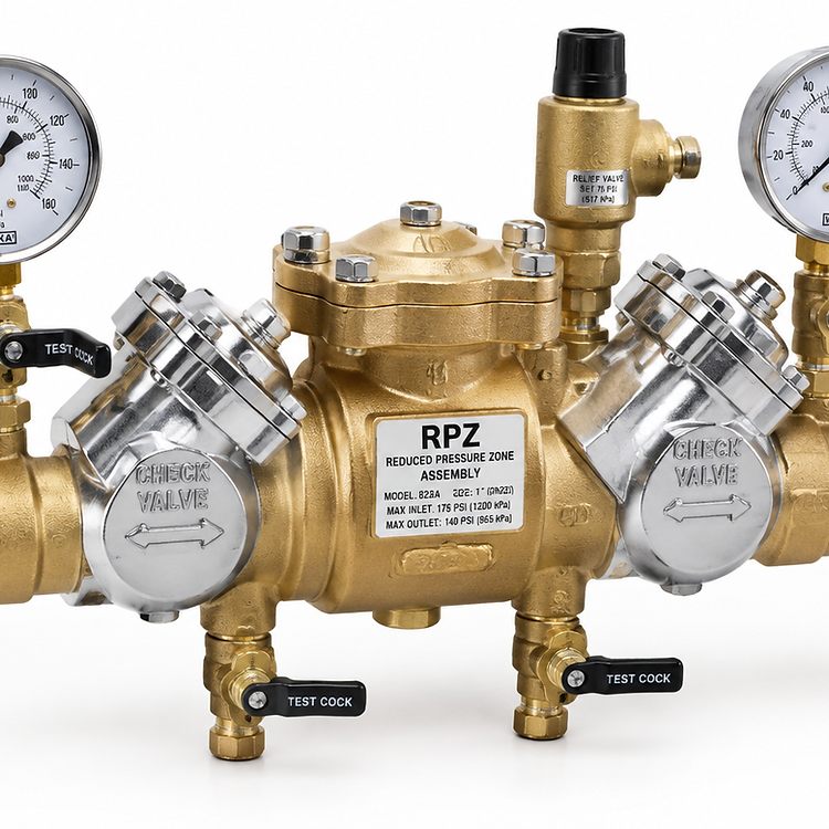 Close-up of an RPZ valve assembly showing check valves and relief valve