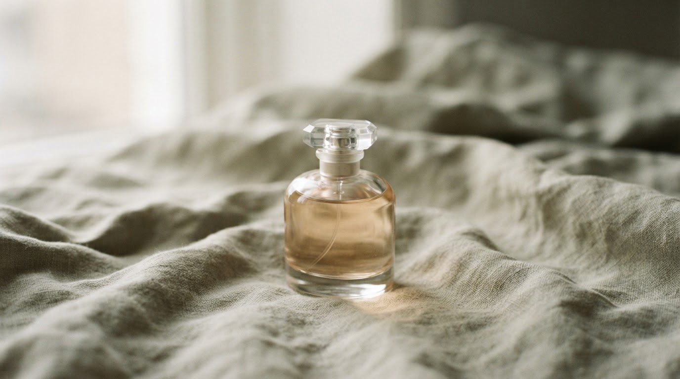Perfume bottle resting on crumpled linen in daylight