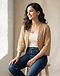 Tan Crochet Shrug (Tan), worn or held by model