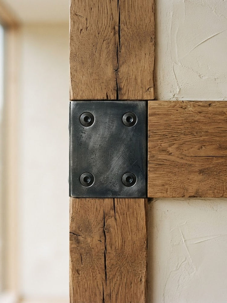 Detail of joined oak timber and steel fixing on a modern building